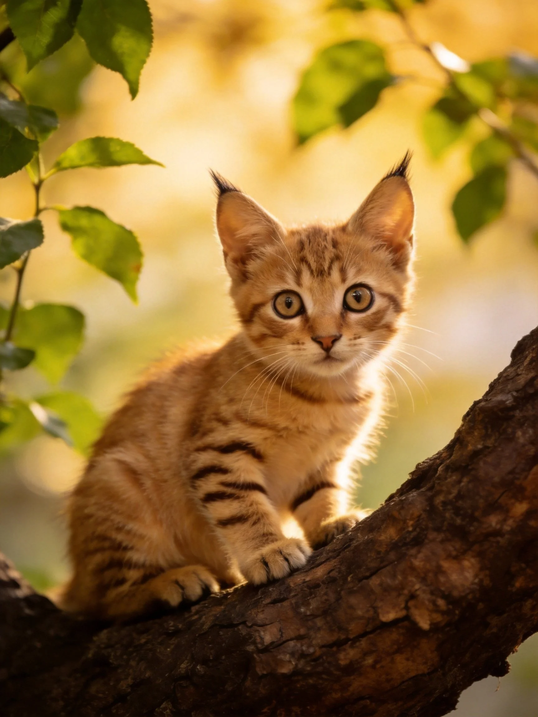 A young orange tabby kitten perches on a rough tree branch