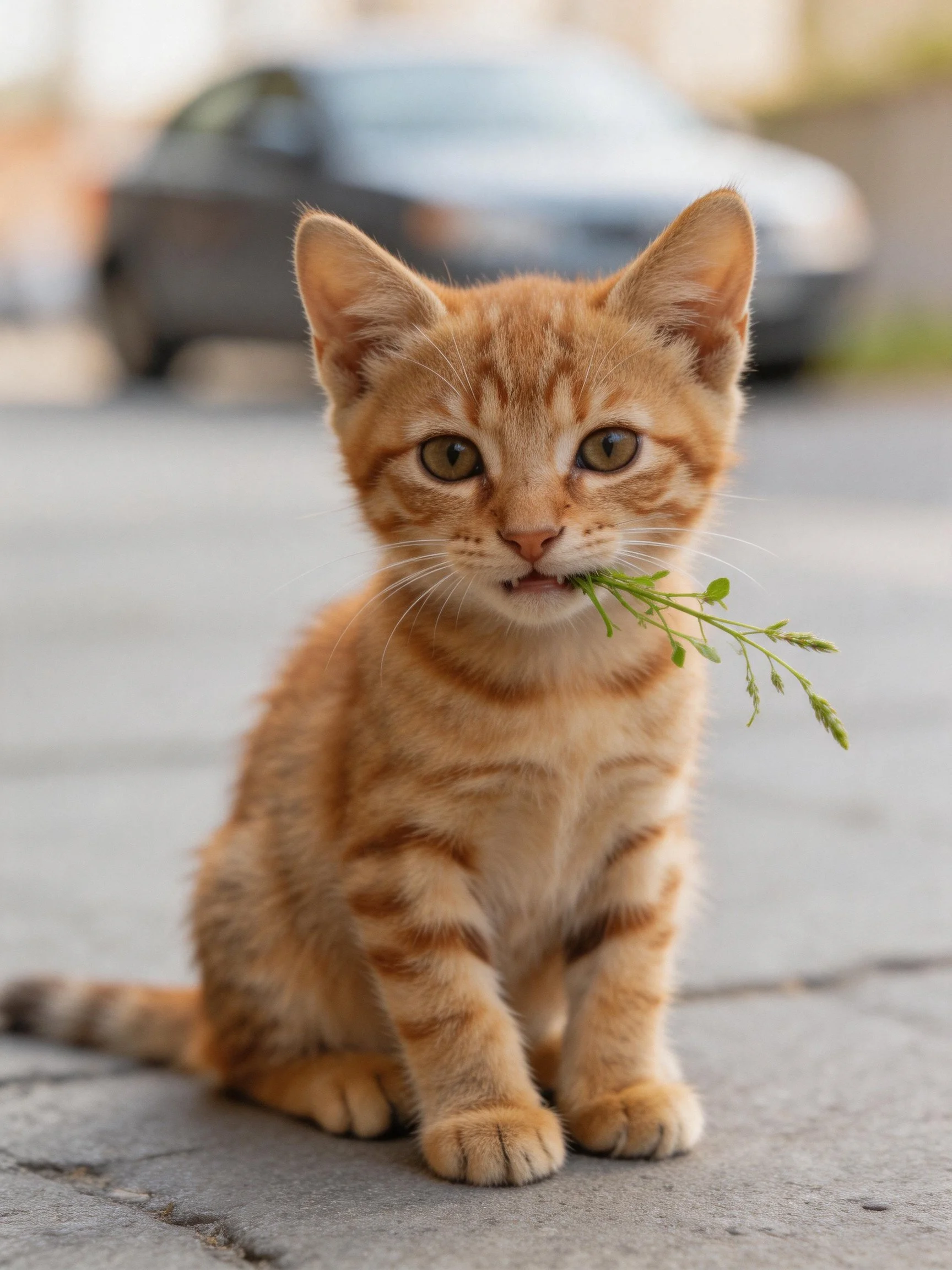 A young orange tabby kitten holds greenery while sitting on pavement.