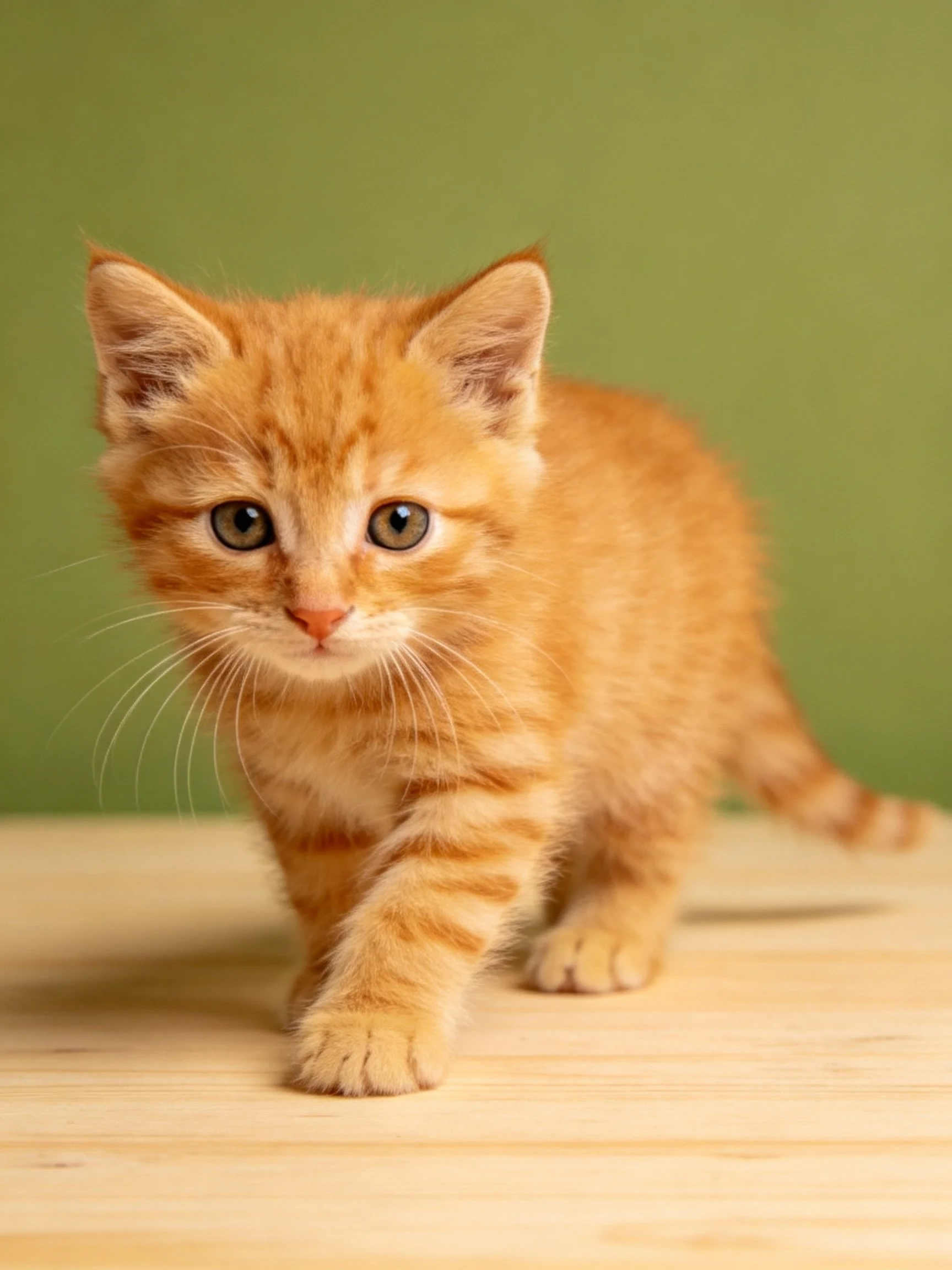 A young orange tabby kitten walks on a wooden surface