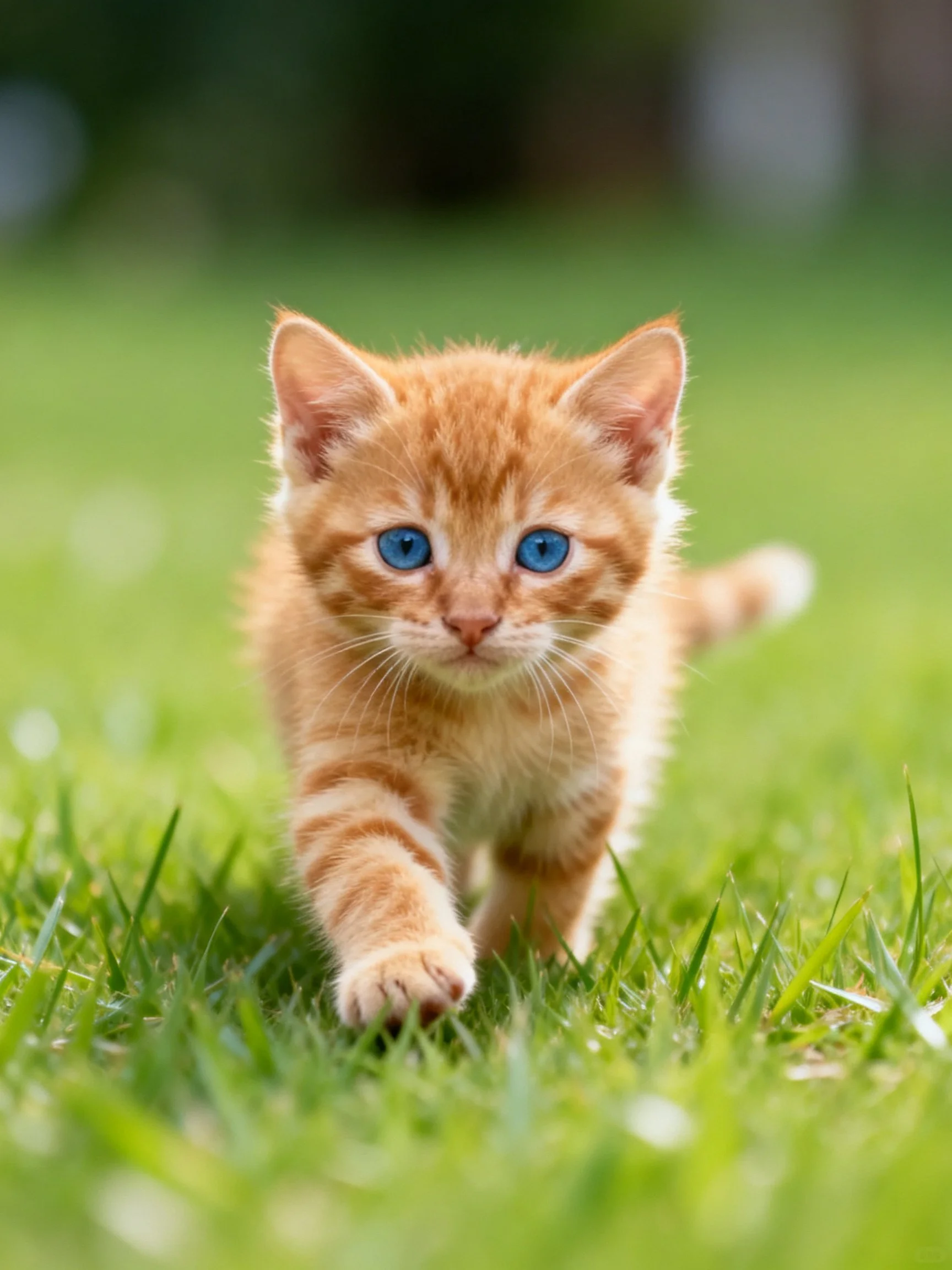 An orange tabby kitten with blue eyes walks through green grass.
