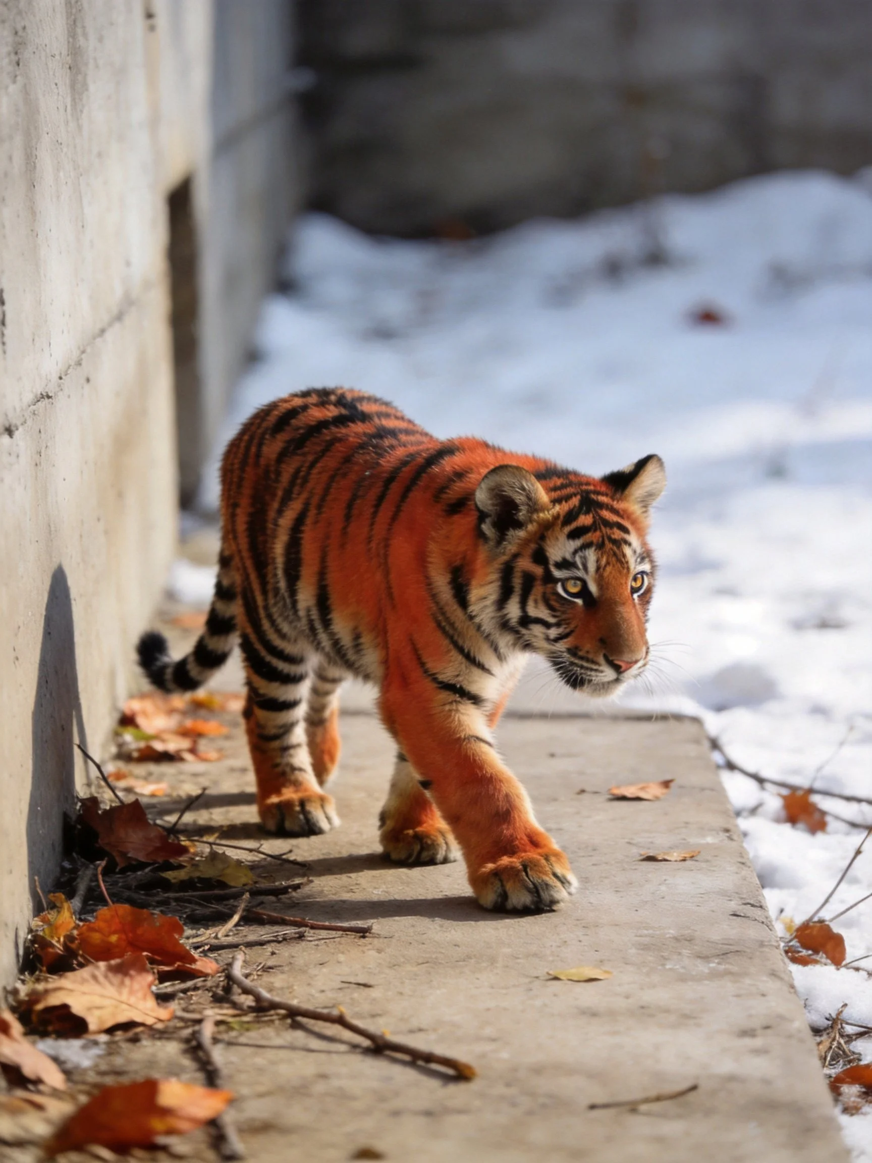 A young orange tiger cub walks along a concrete path with snow and autumn leaves