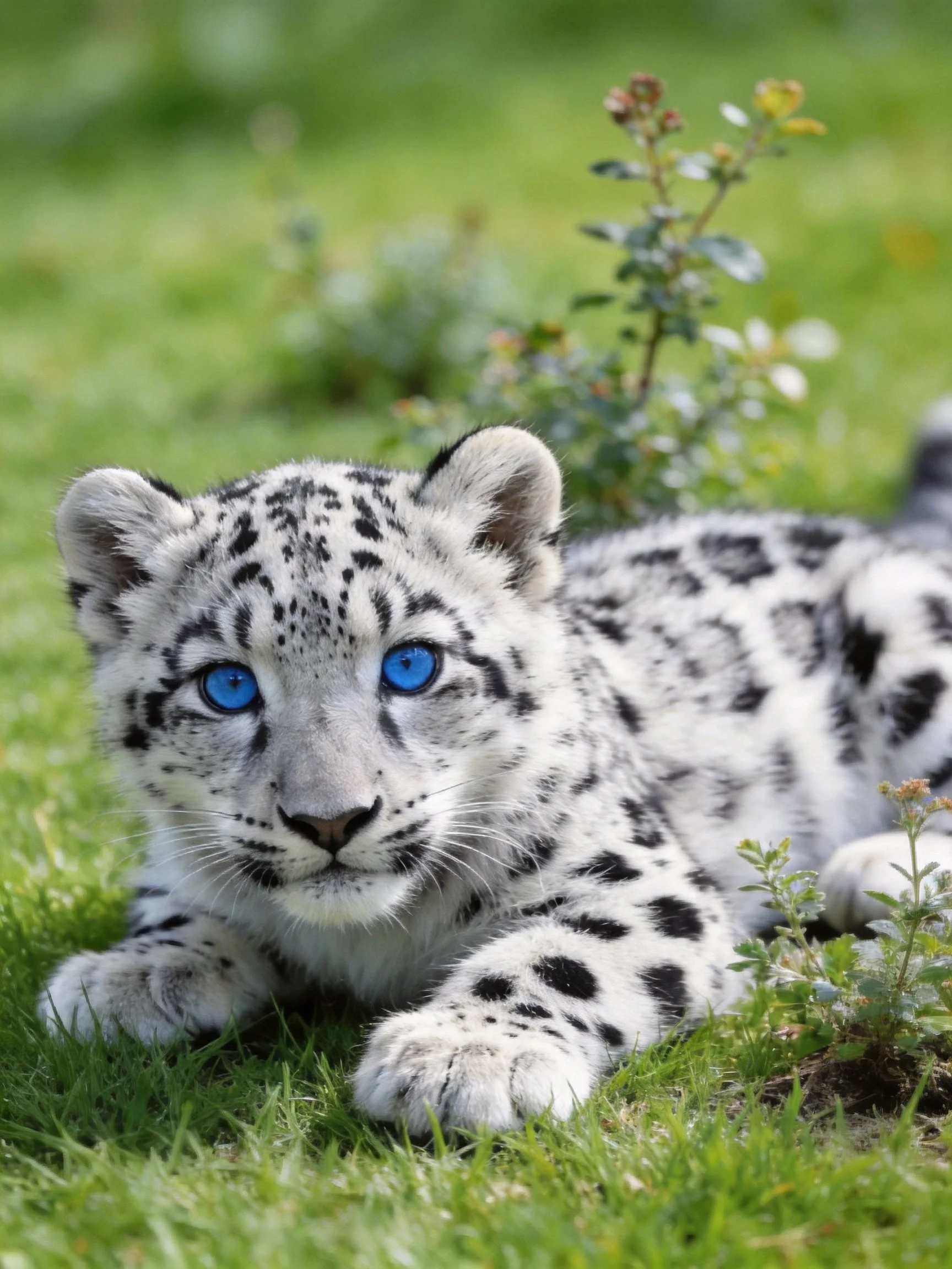 A young snow leopard cub with bright blue eyes rests on lush green grass