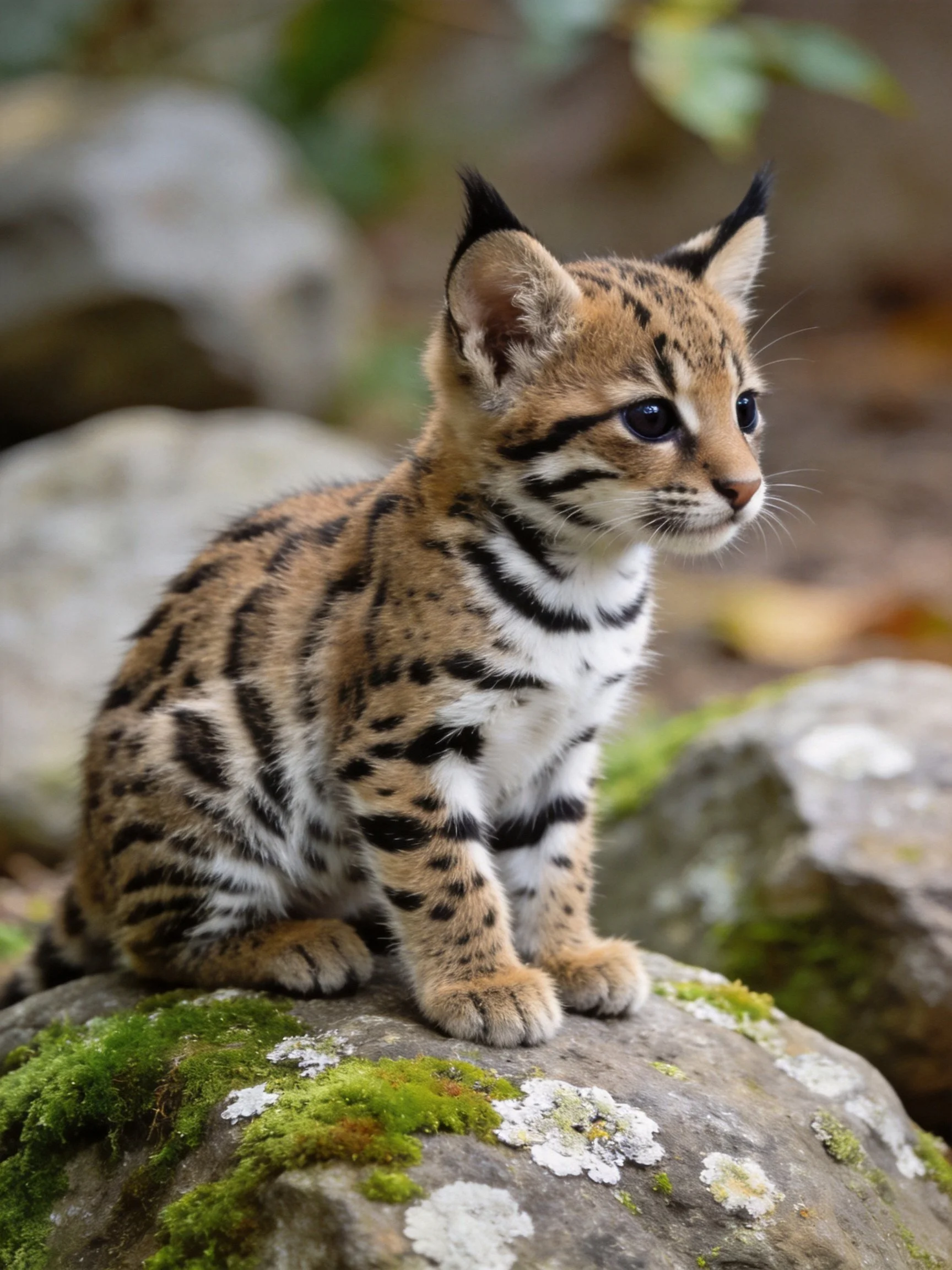 A young spotted kitten sits on a mossy rock with stones nearby