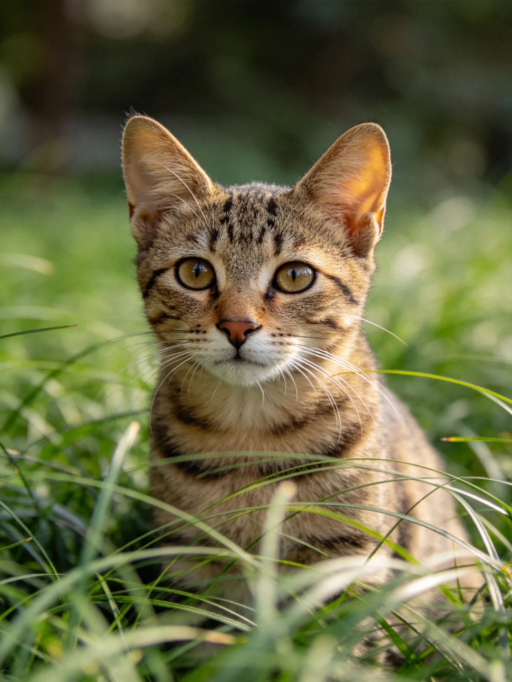 A young tabby cat sits calmly among tall green grass.