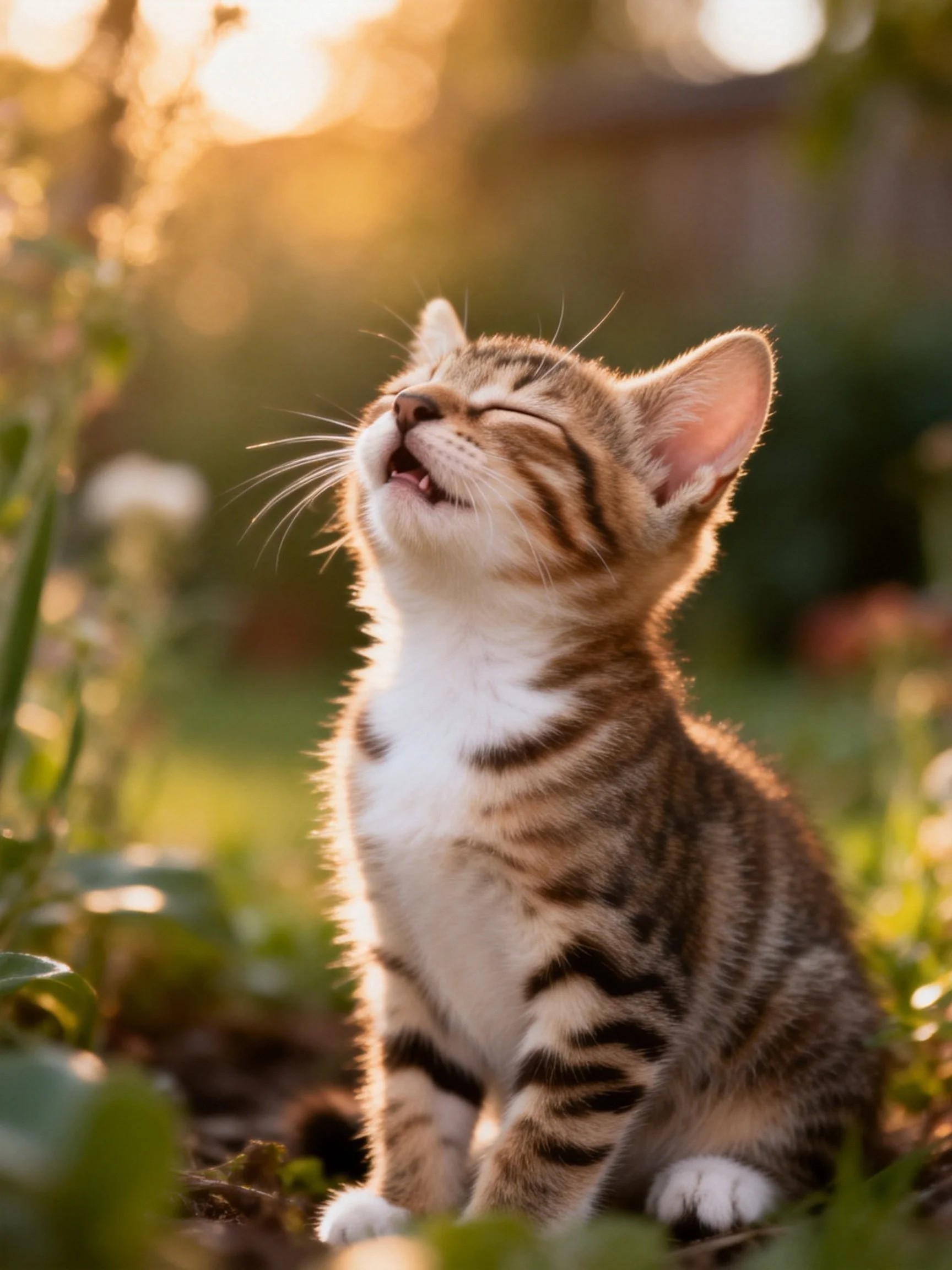 A young tabby kitten relaxes in a sunlit outdoor area with surrounding greenery.