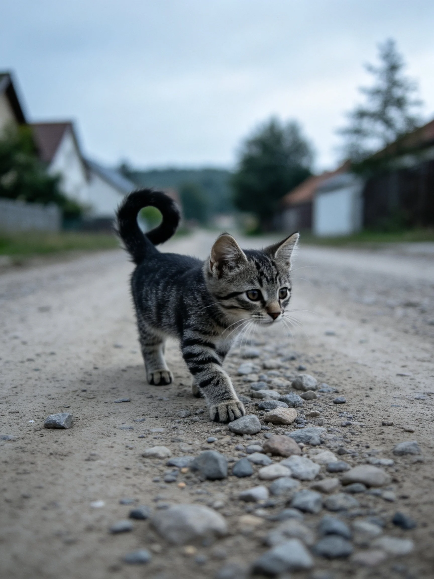A young tabby kitten explores a gravel village road near houses