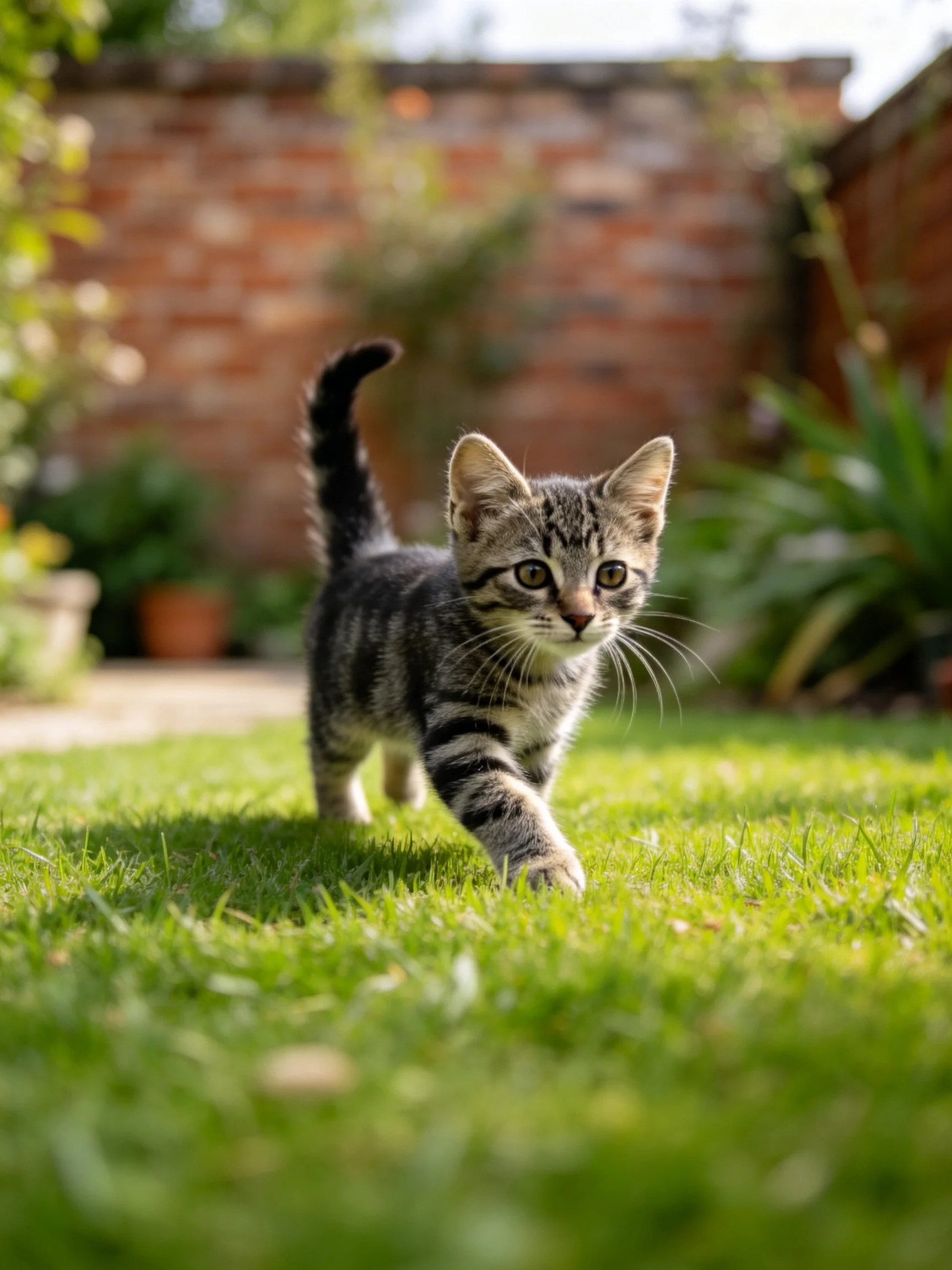 A young tabby kitten explores lush green grass near a brick wall