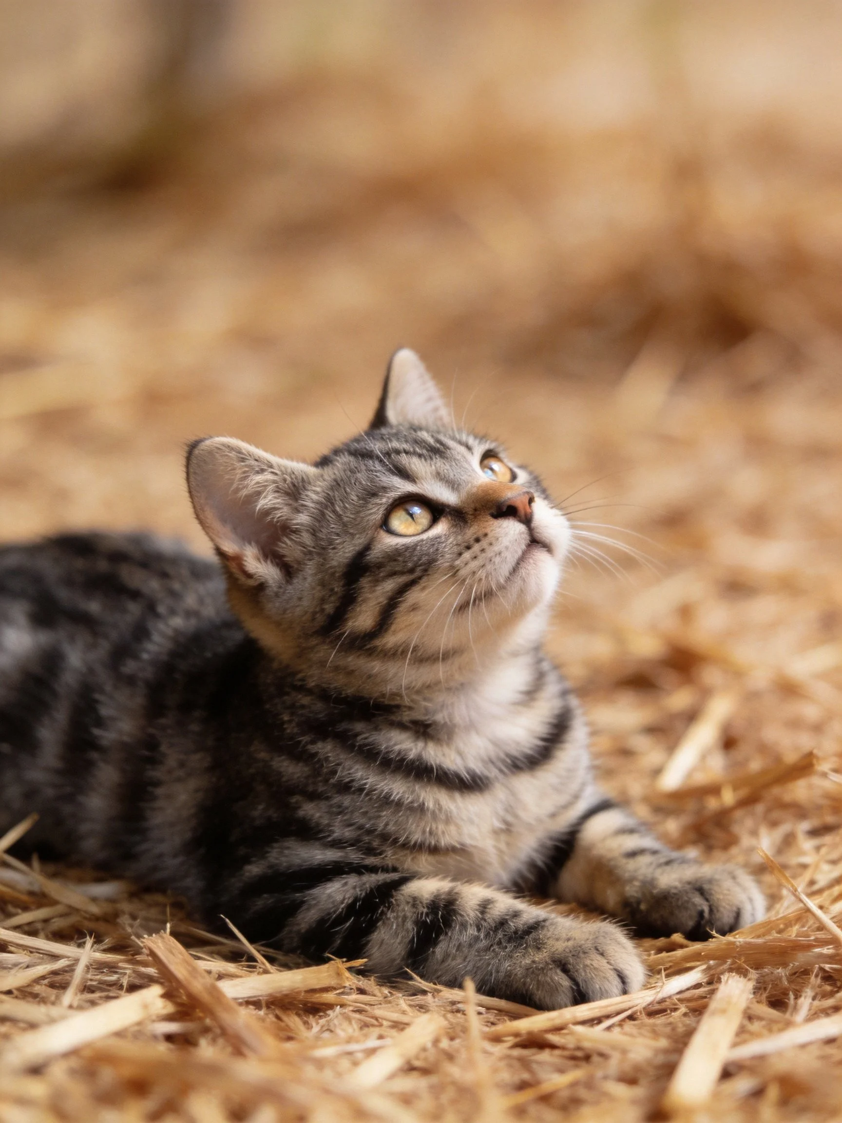 A young tabby kitten rests on straw while looking upward.