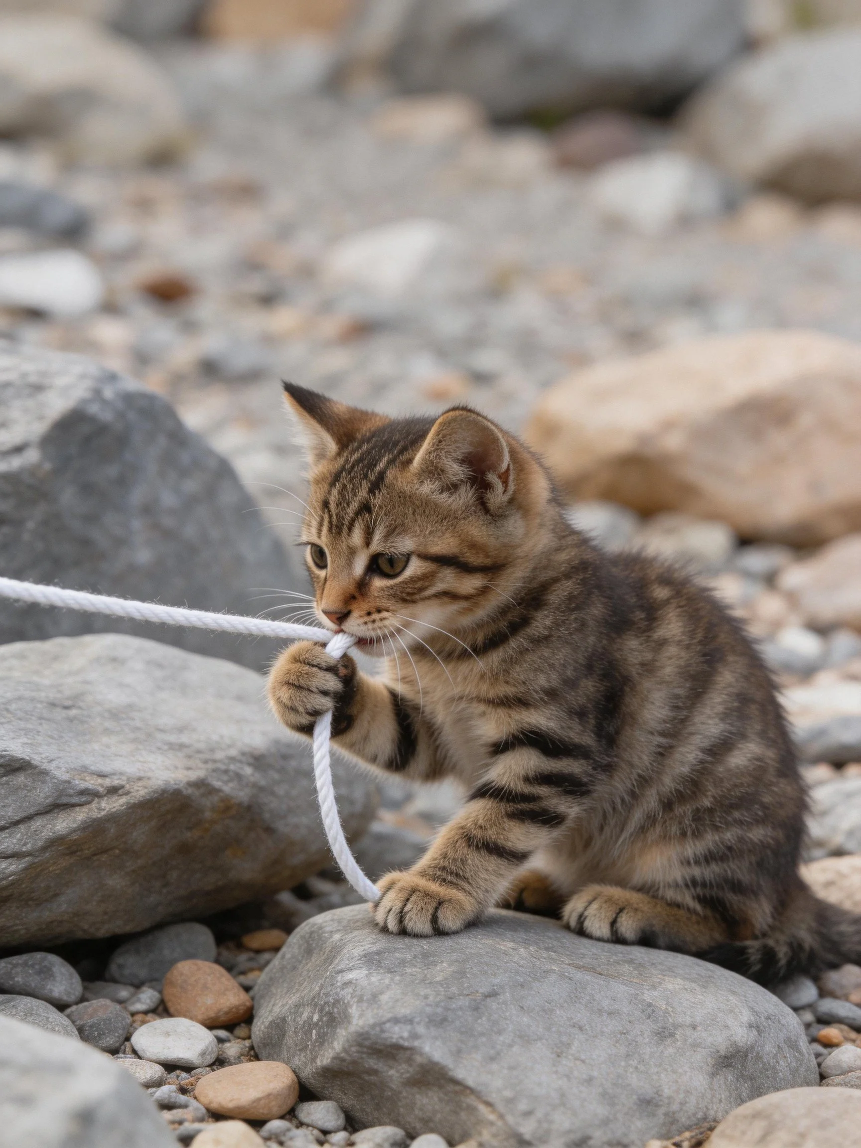 A young tabby kitten plays with a white rope among scattered rocks