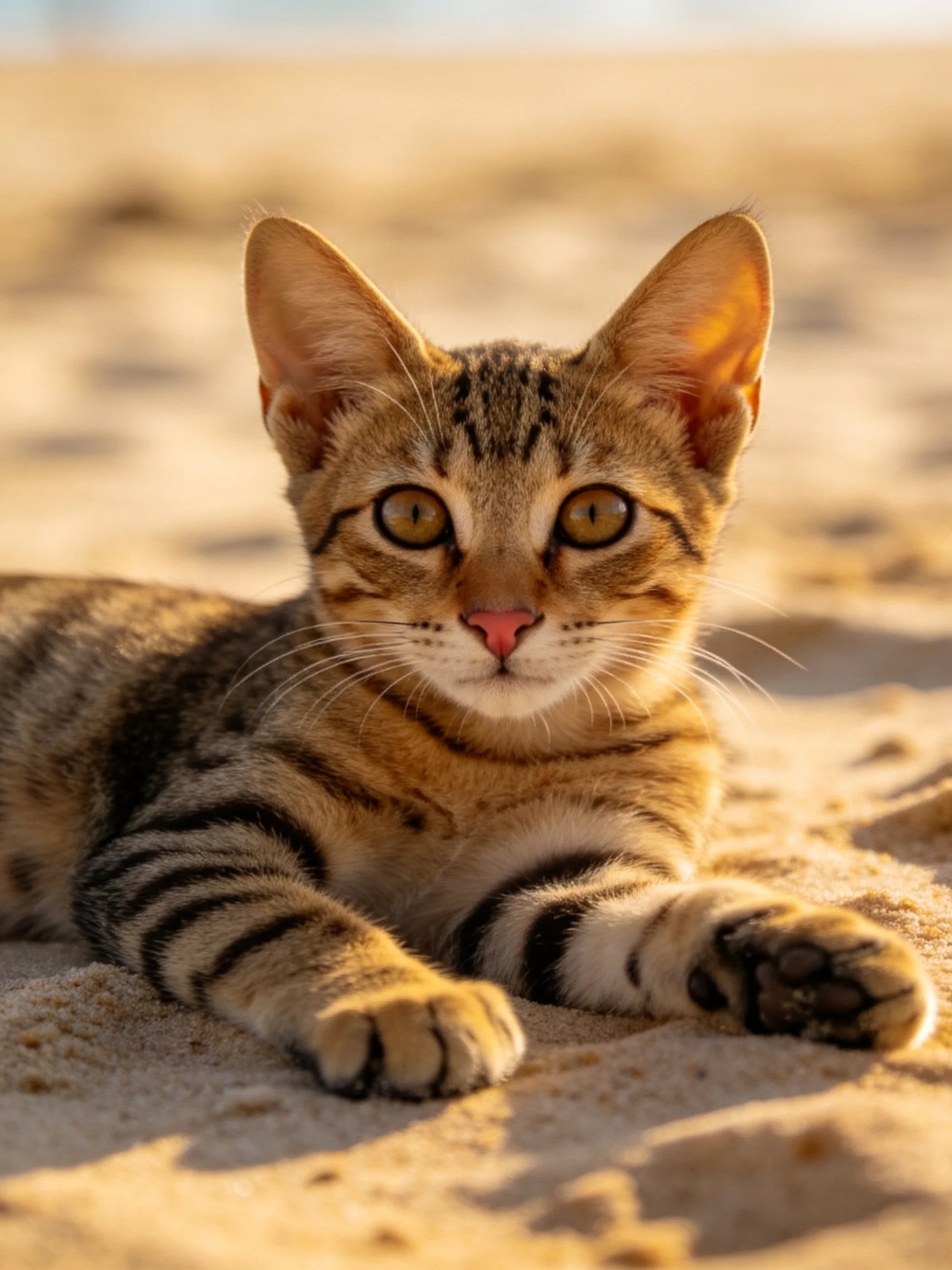 A young tabby kitten relaxes on sandy ground bathed in warm sunlight.
