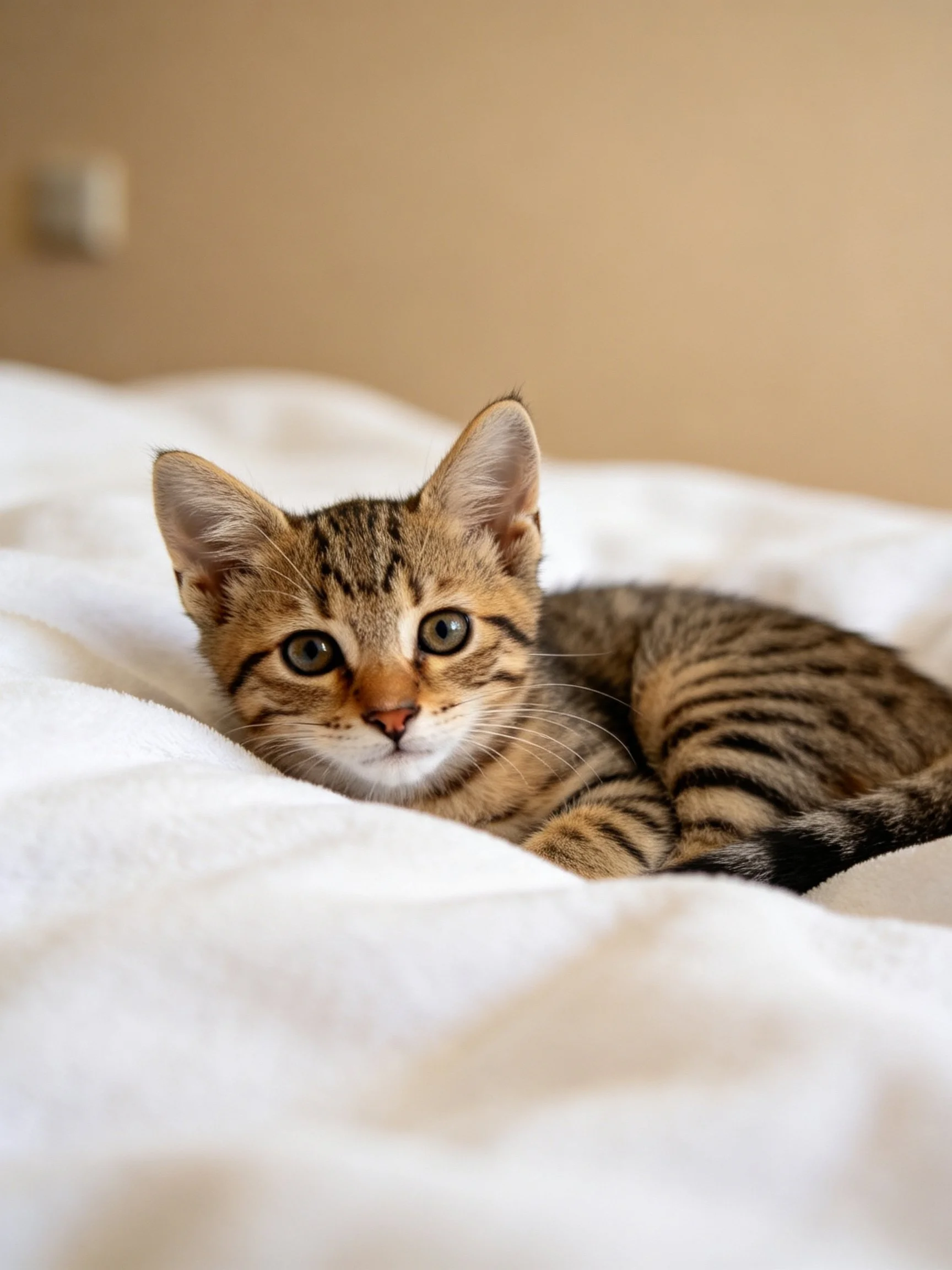 A young tabby kitten resting on soft white bedding