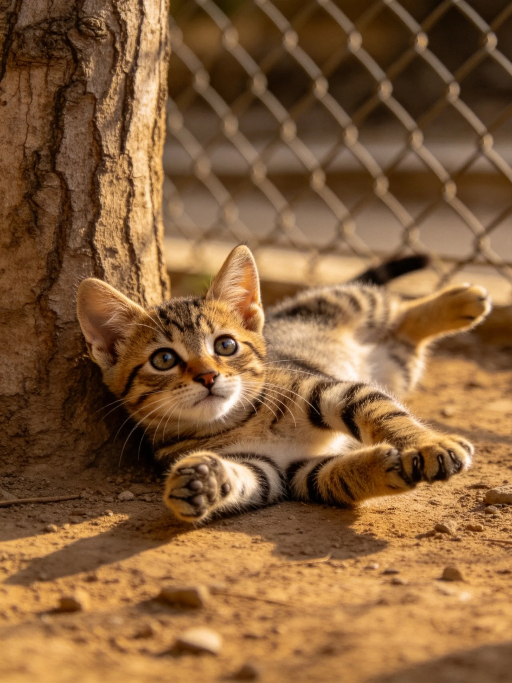 A young tabby kitten relaxes near a tree trunk in an outdoor setting.