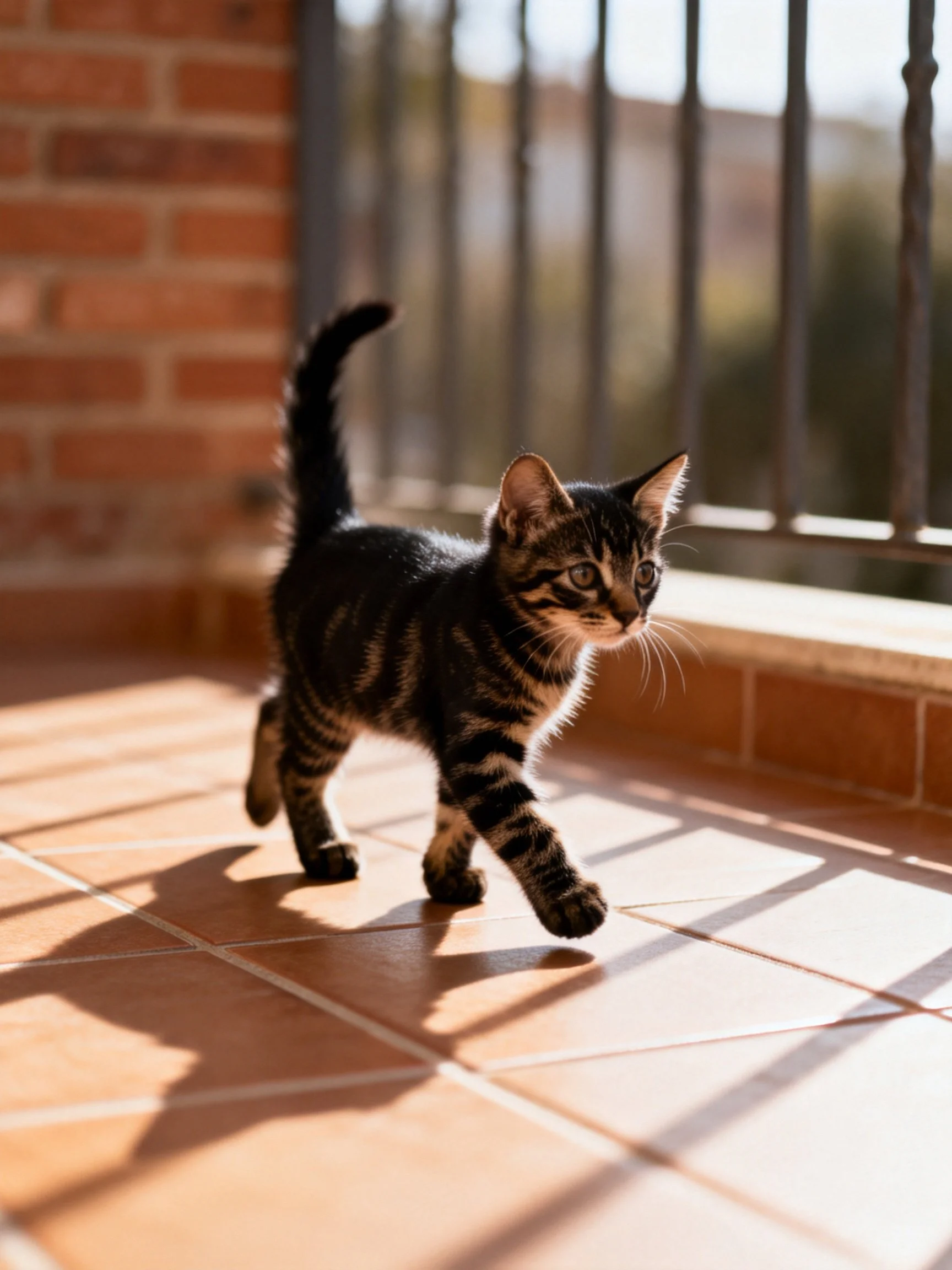 A young tabby kitten roams a sunlit terrace with terracotta flooring
