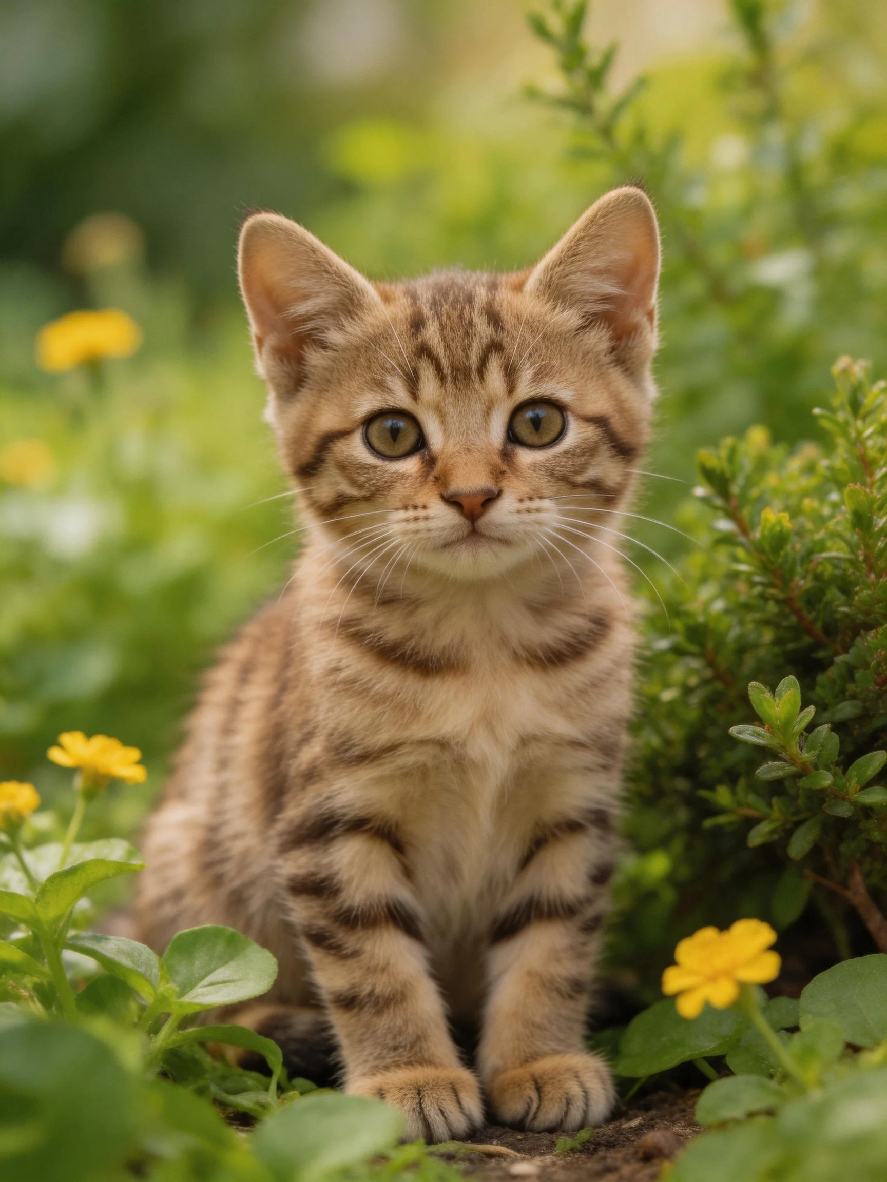 A young tabby kitten sits calmly among green plants and yellow flowers.