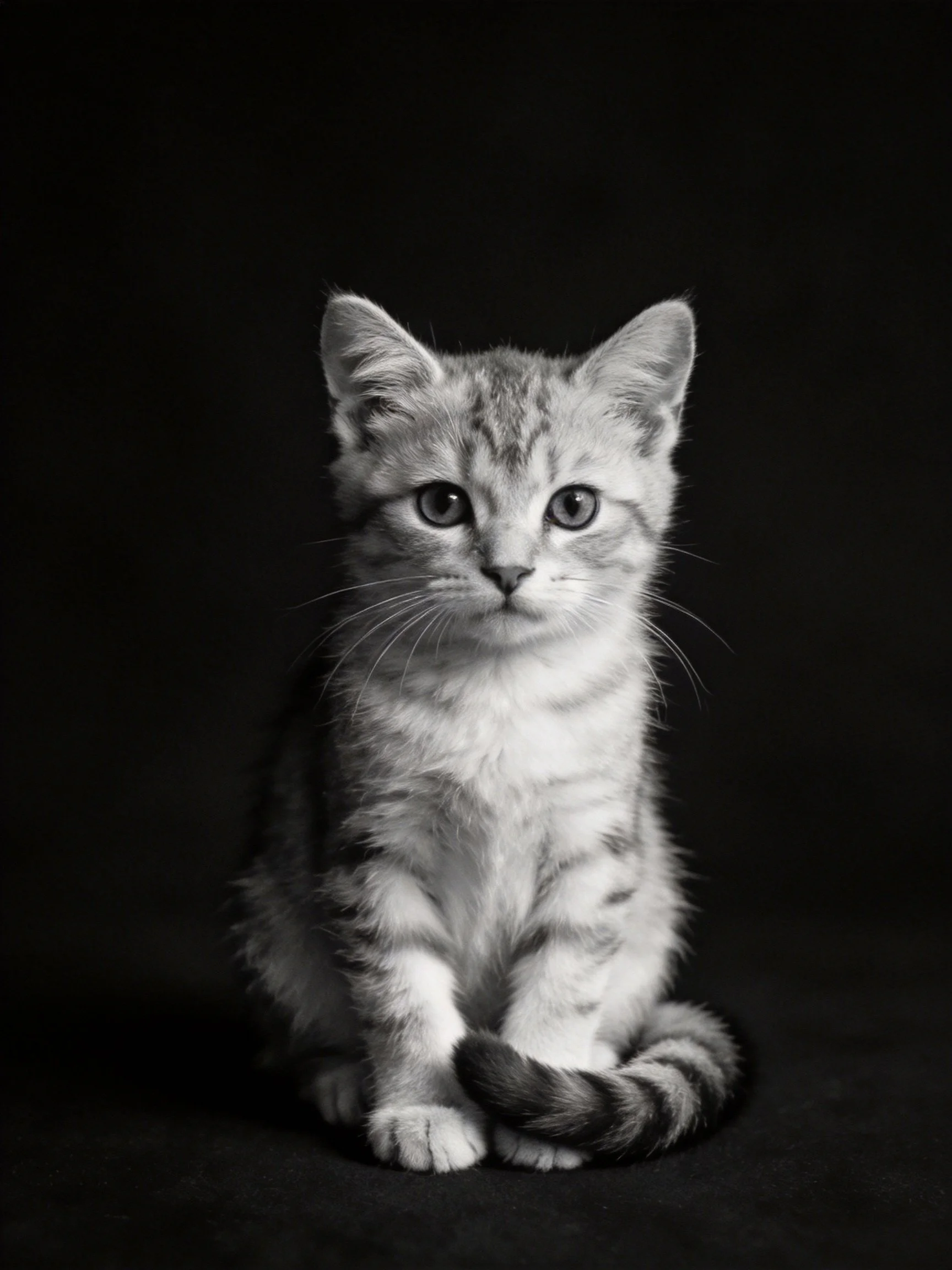 A young tabby kitten sits calmly in a dark, minimalist environment.