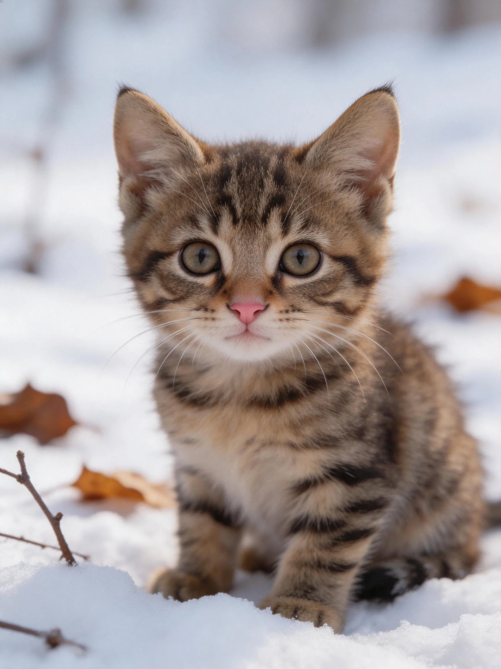 A young tabby kitten rests among snow and fallen leaves in a wintry setting.