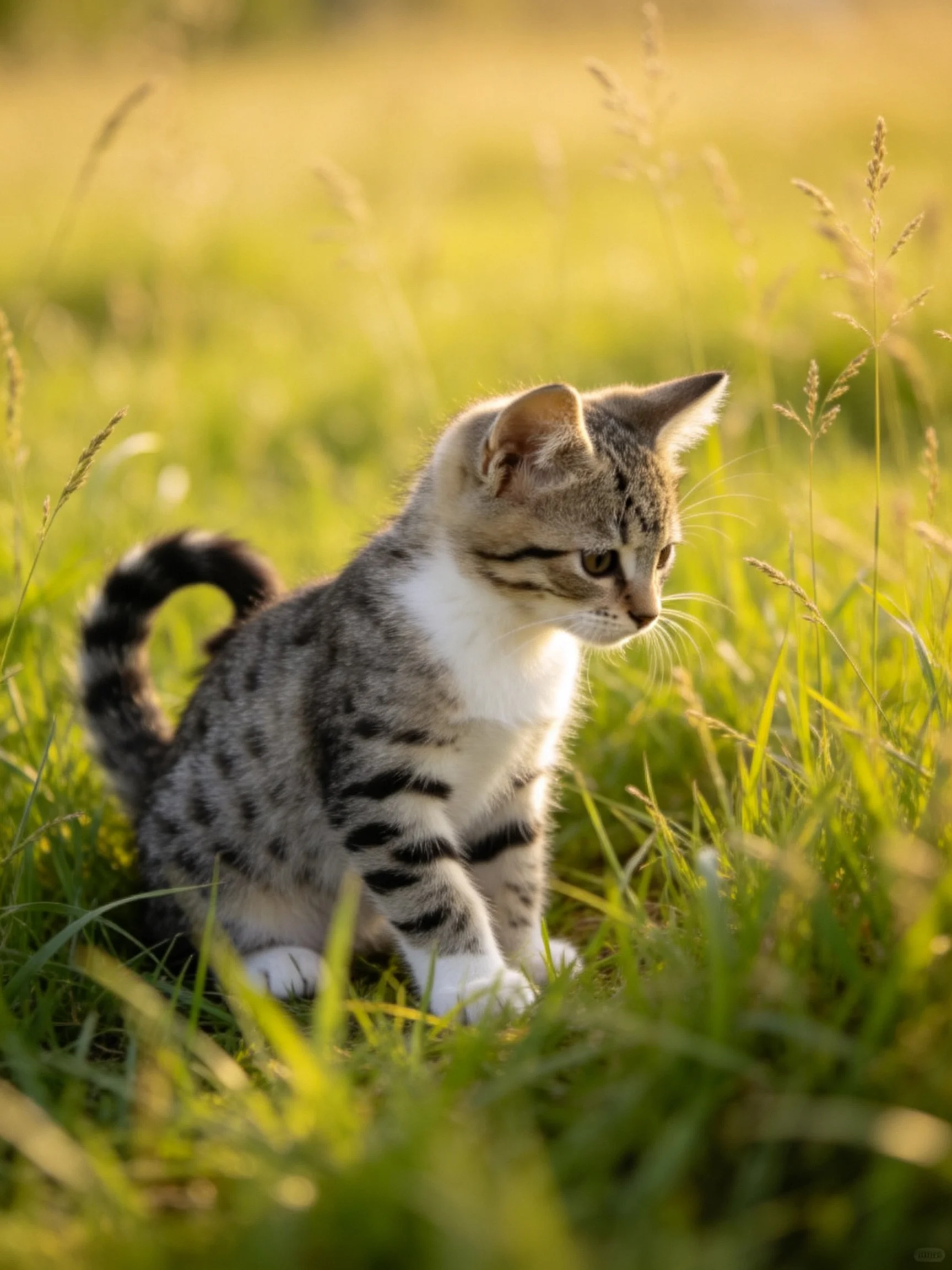 A young tabby kitten sits among tall green grass in a sunlit outdoor area.