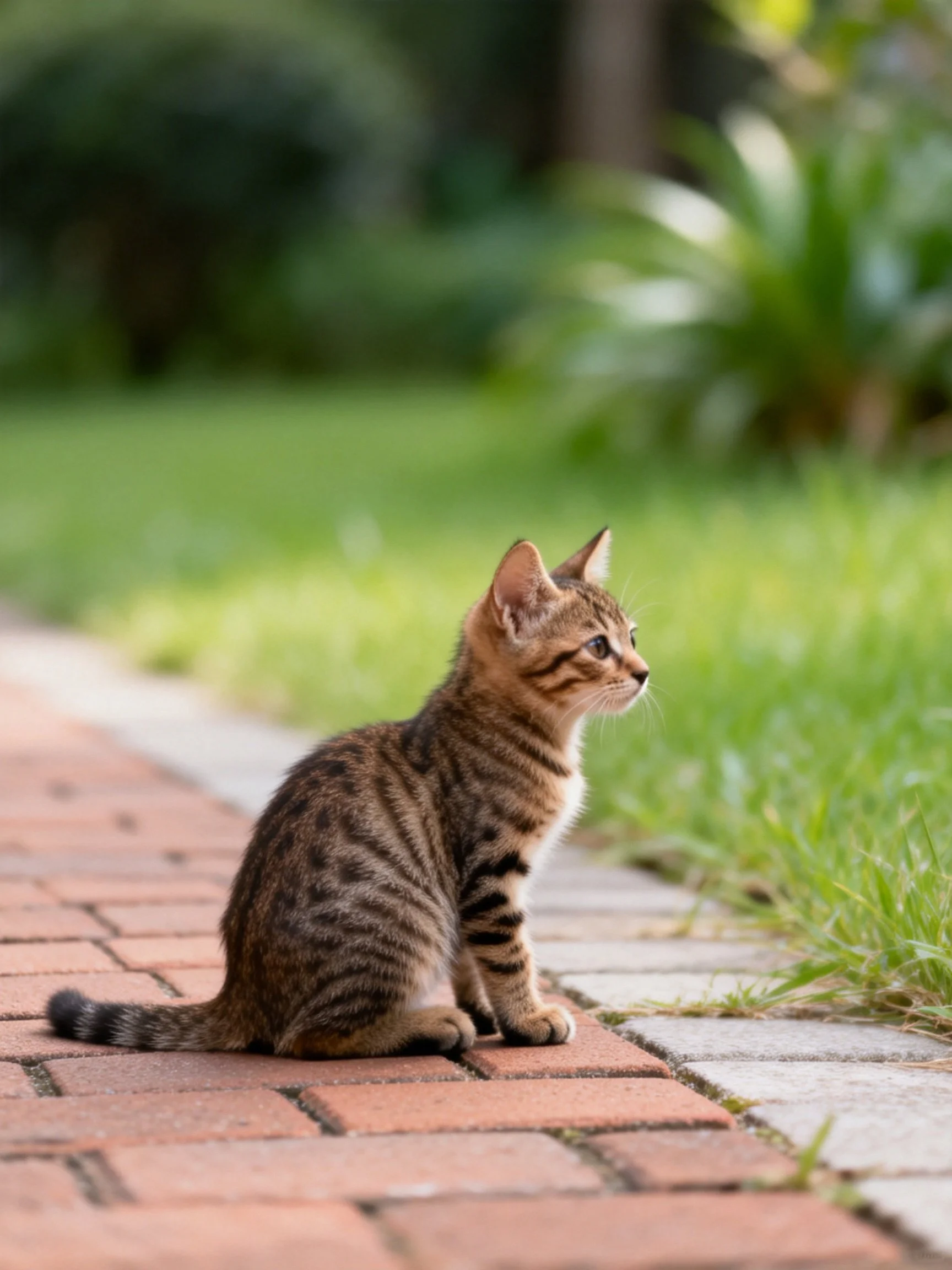 A young tabby kitten sits on red brick pavementin a grassy outdoor area.