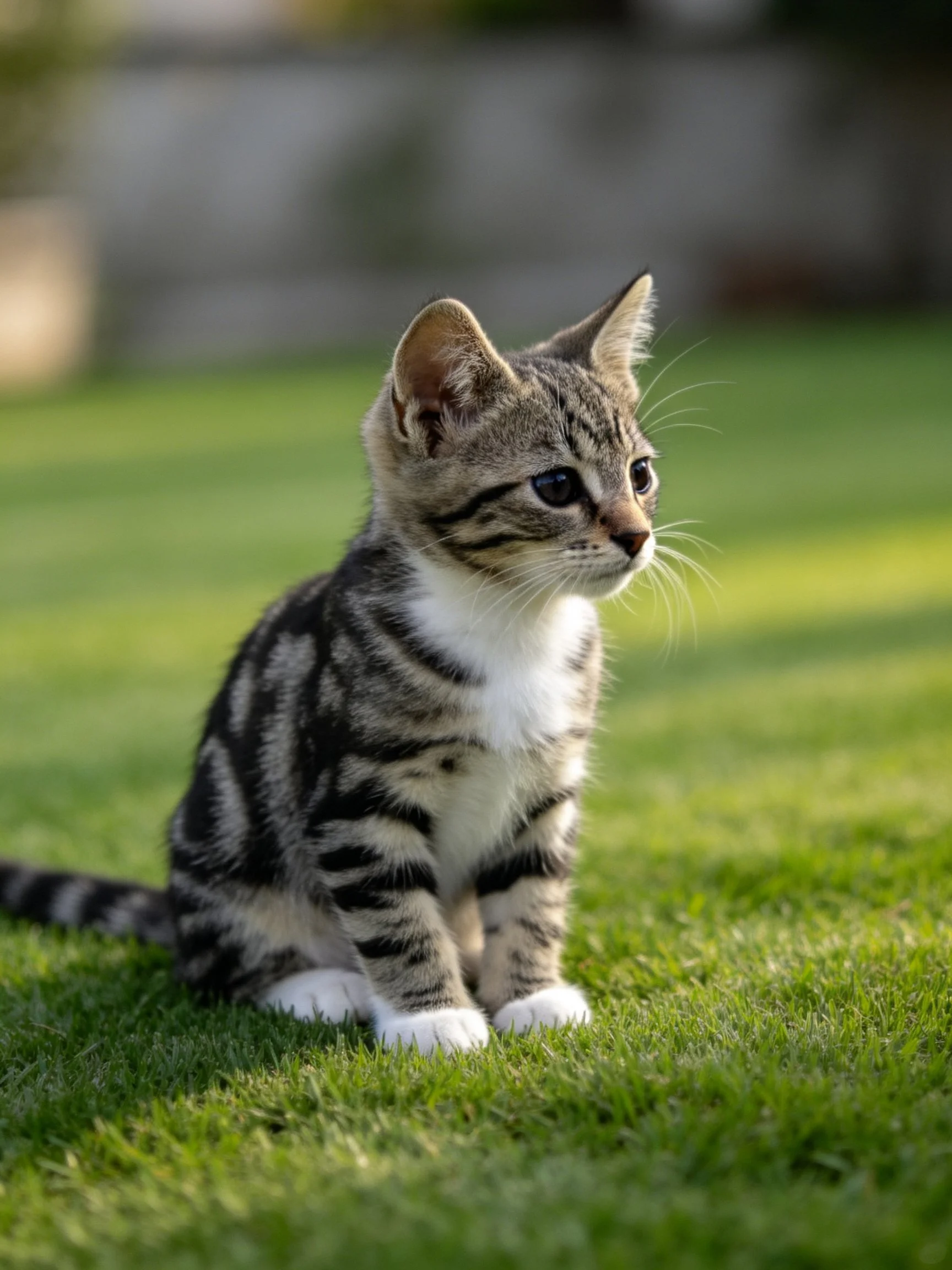 A young tabby kitten sits calmly on green grass in a sunlit outdoor setting.