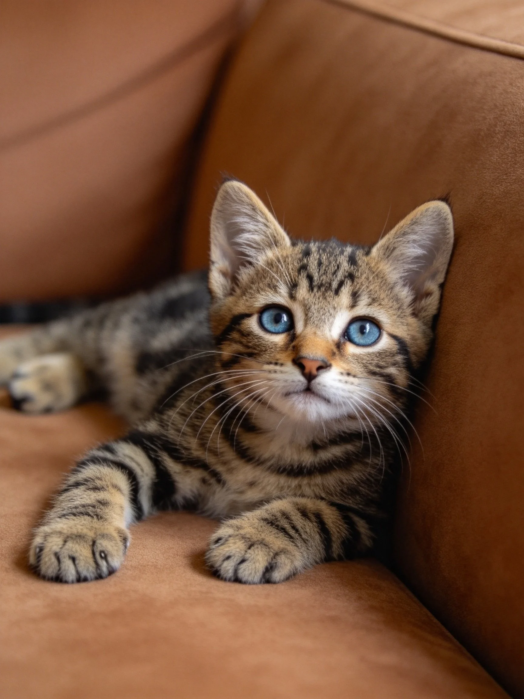 A young tabby kitten with blue eyes relaxes on a brown leather couch