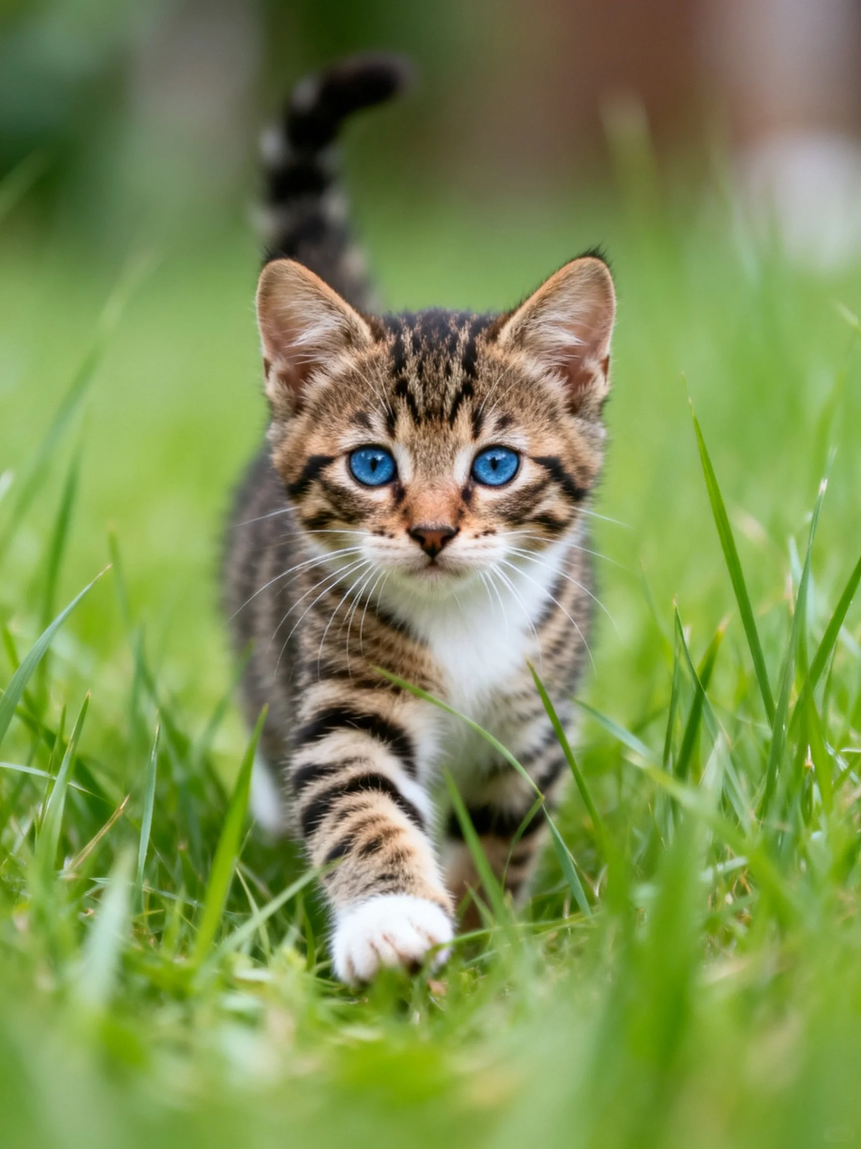 A young tabby kitten with bright blue eyes explores lush green grass.