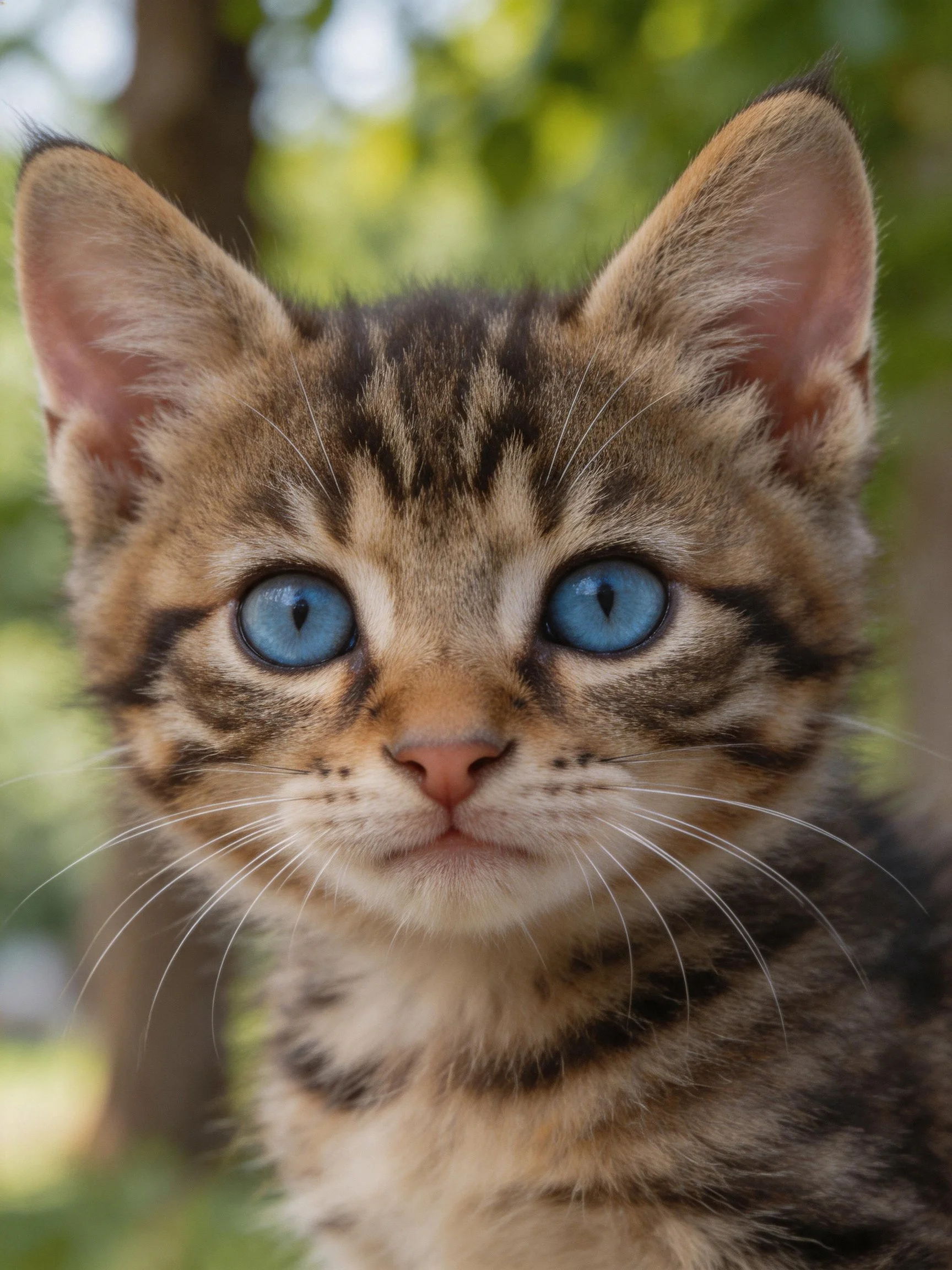 A young tabby kitten with bright blue eyes is photographed up close outdoors.