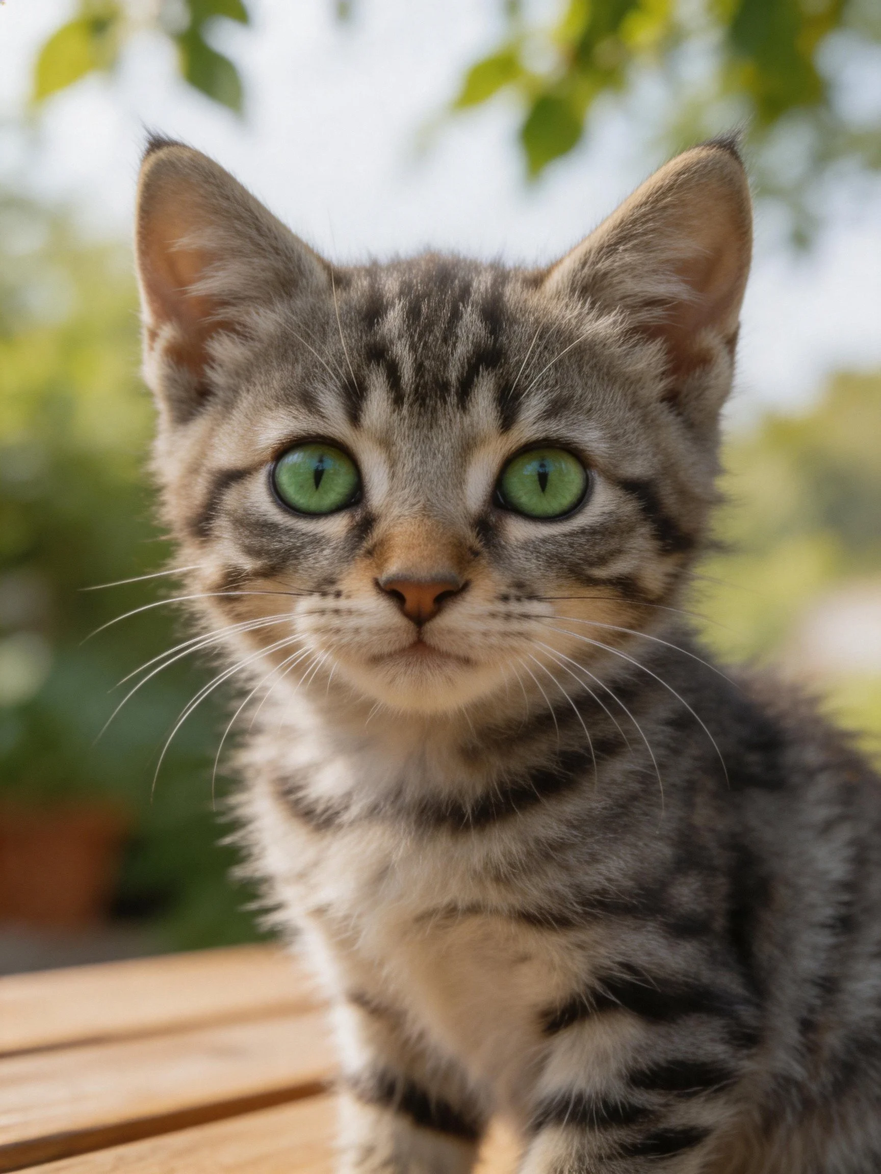 A young tabby kitten with bright green eyes sits on a wooden surface outdoors.