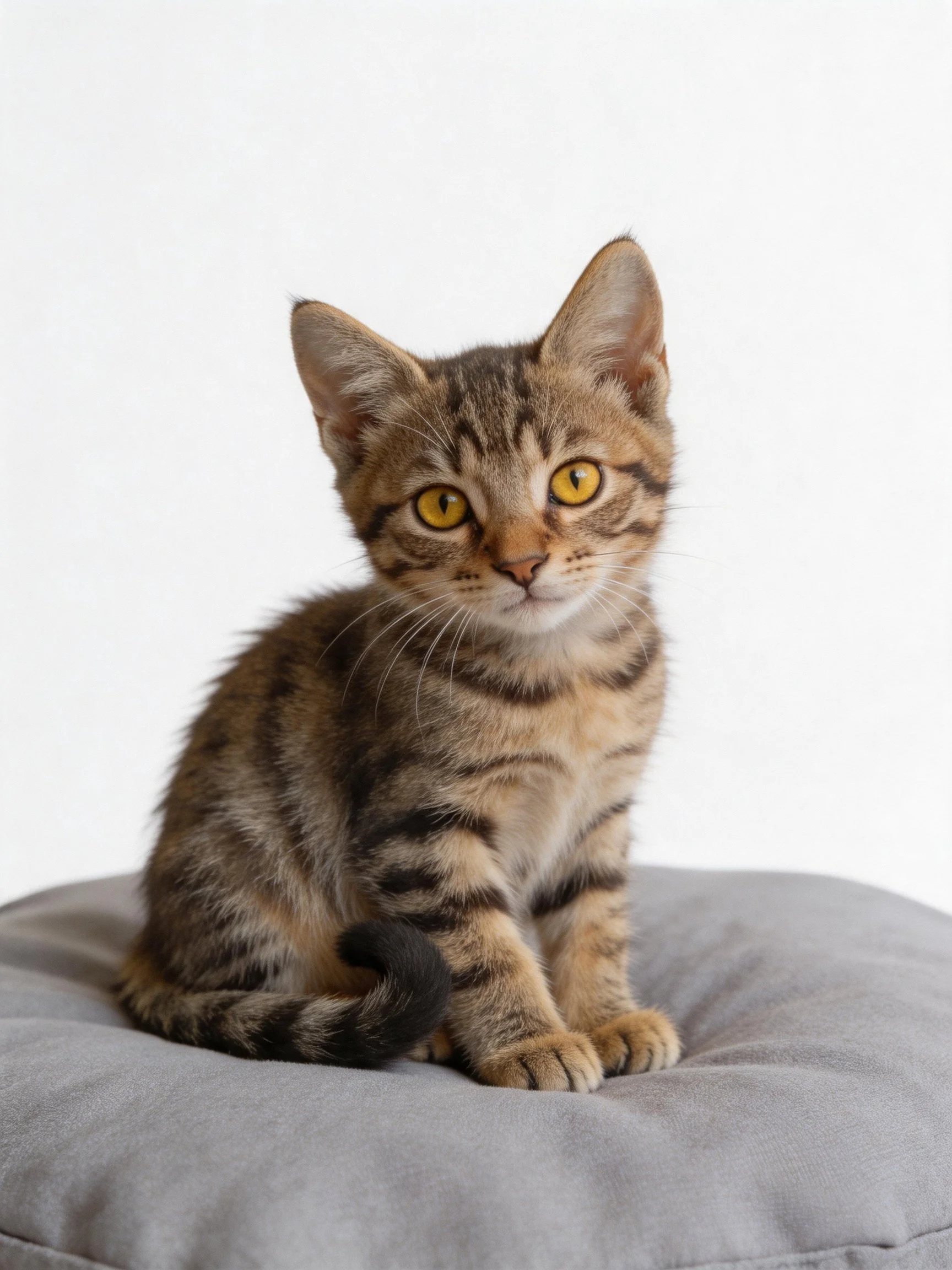 A young tabby kitten with yellow eyes sits on a gray cushion against a plain white background.