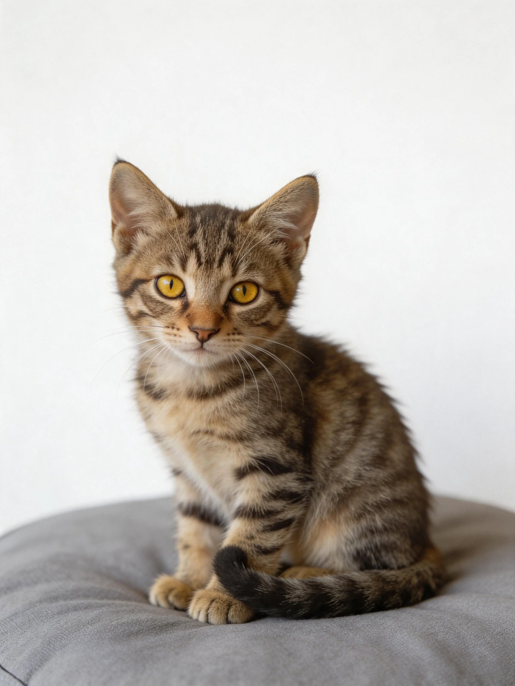 A young tabby kitten with bright yellow eyes sits calmly on a gray cushion.