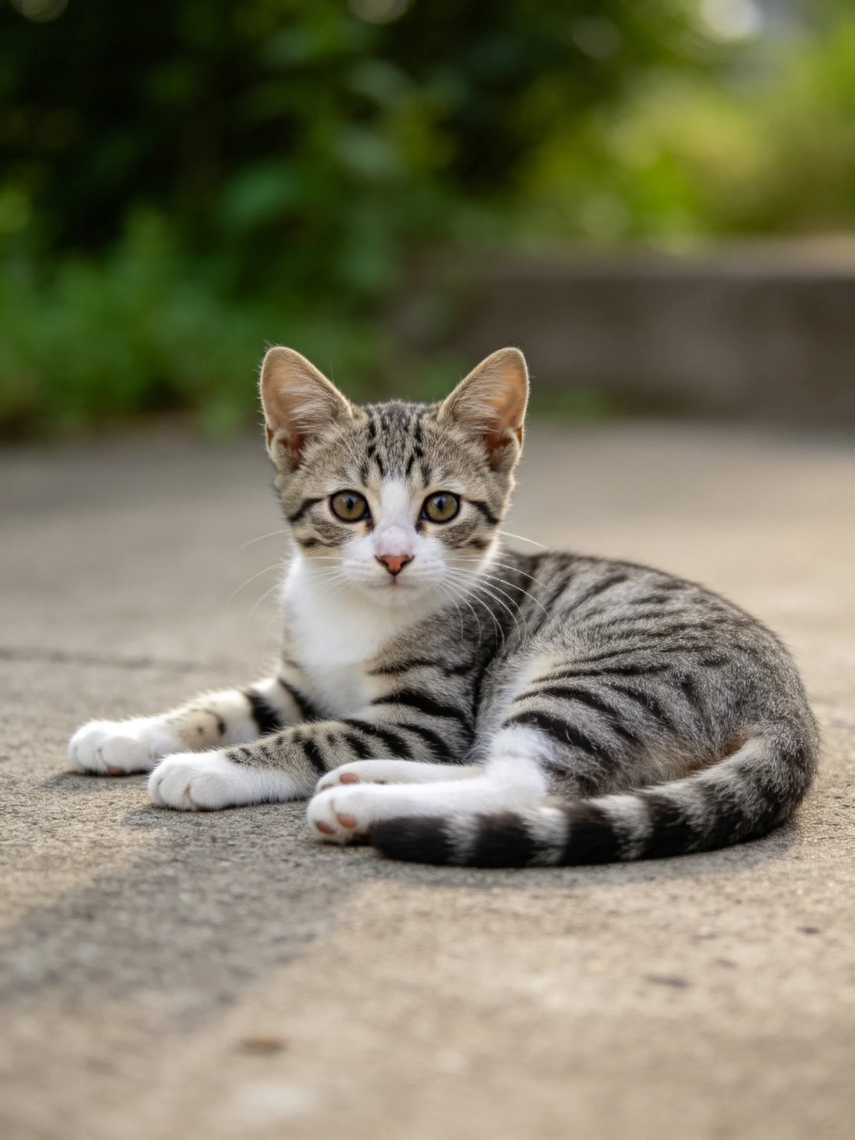 A young tabby kitten with gray-black stripes rests on smooth pavement