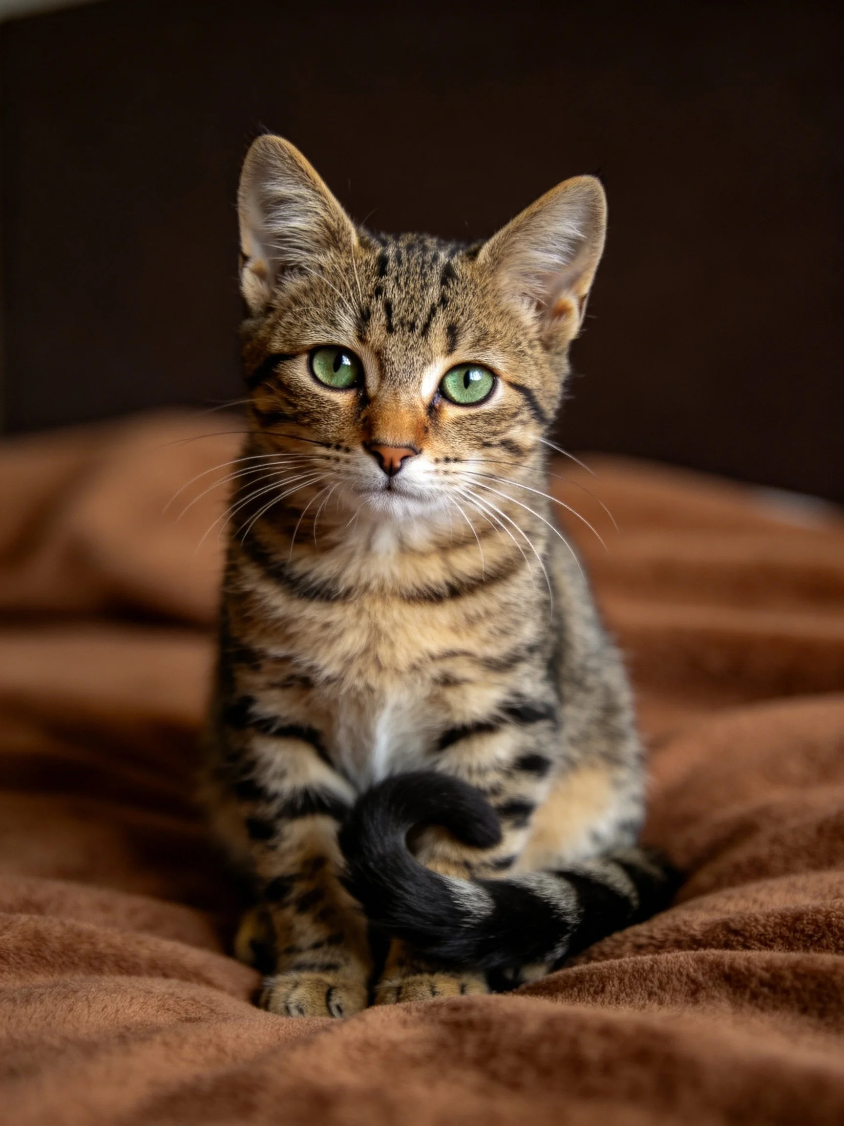 A young tabby kitten with green eyes sits calmly on a soft brown blanket.