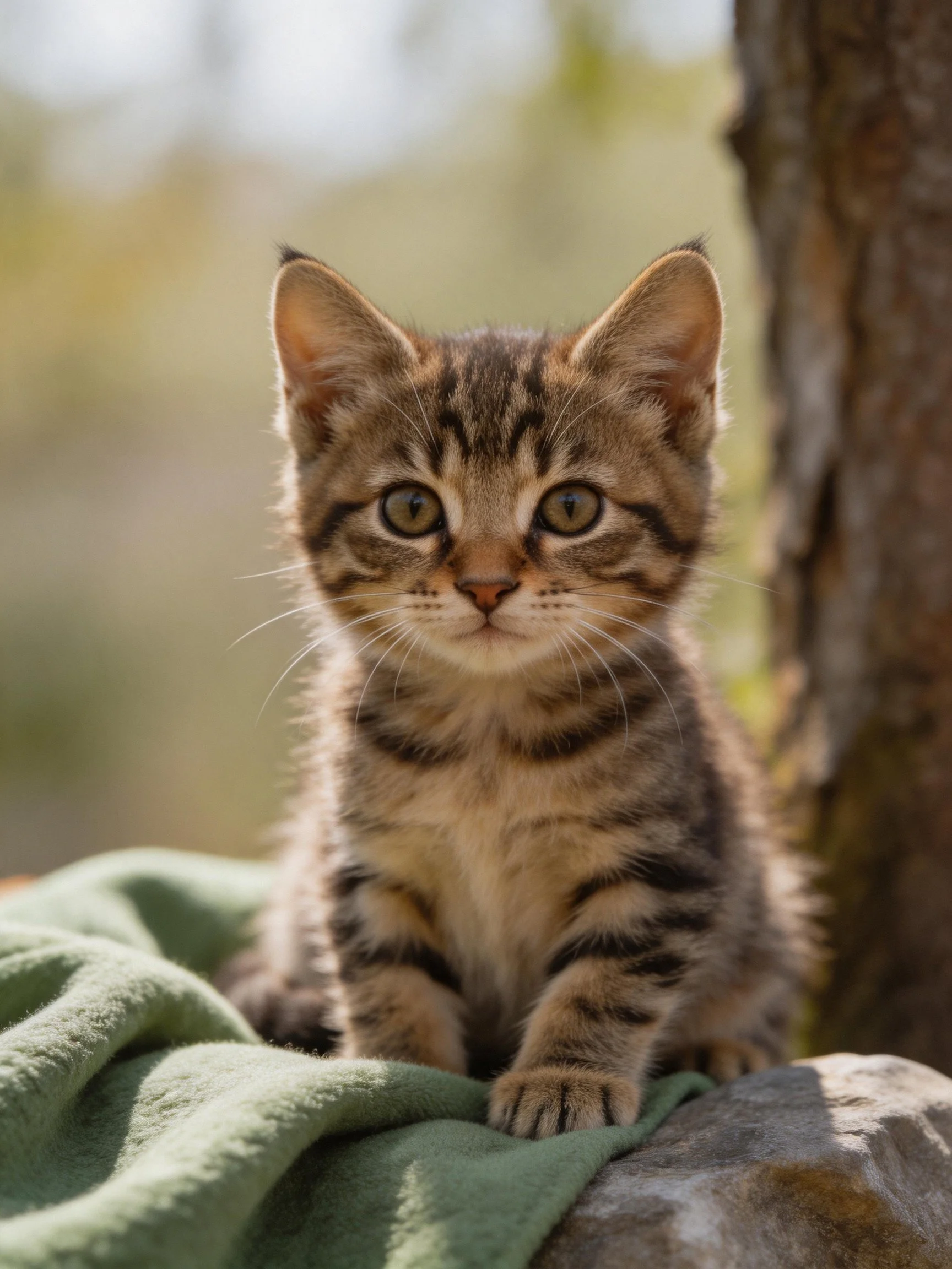 A young tabby kitten with green eyes sits on a green cloth near a tree trunk