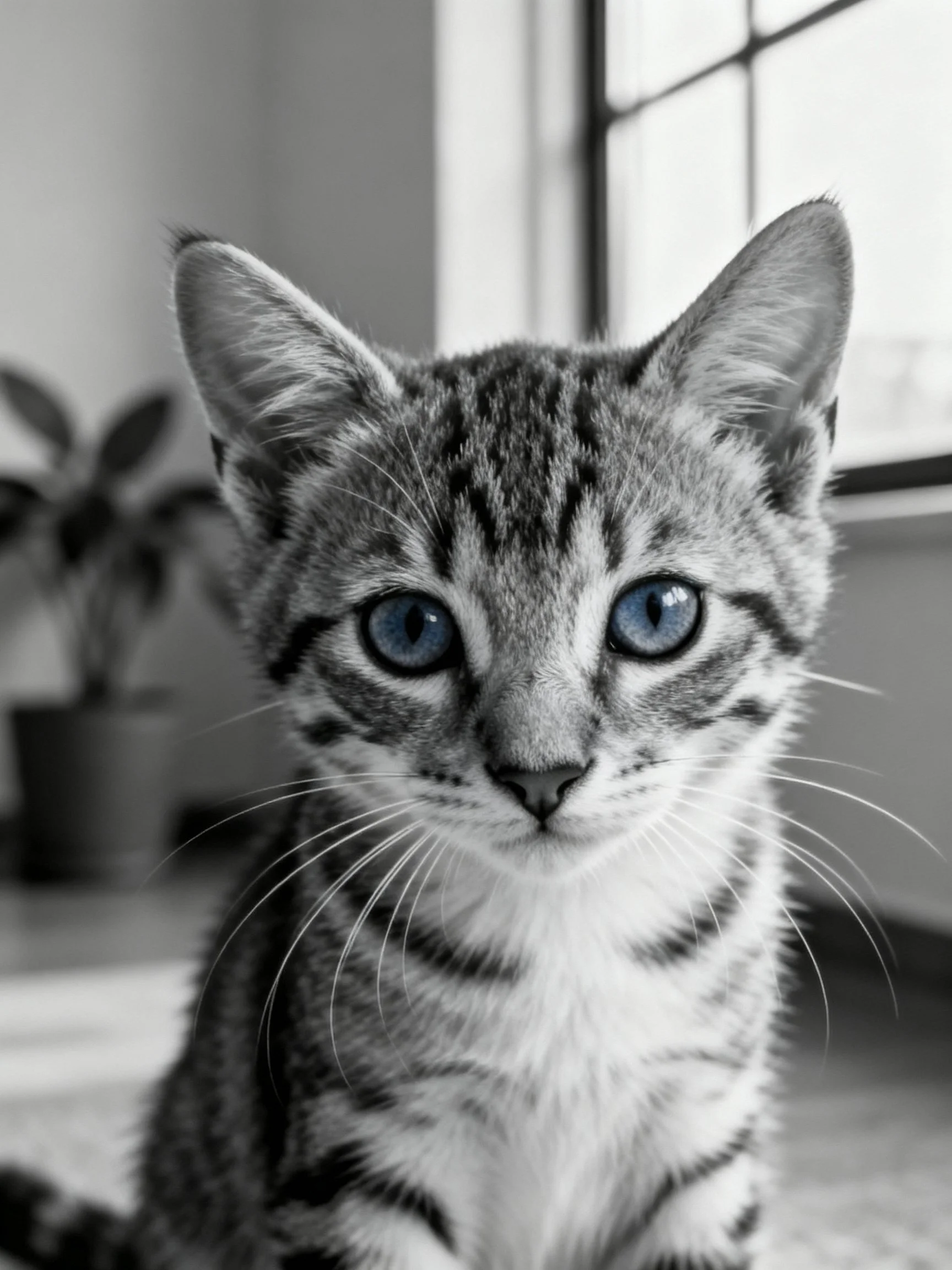 A young tabby kitten with striking blue eyes in a monochrome interior space
