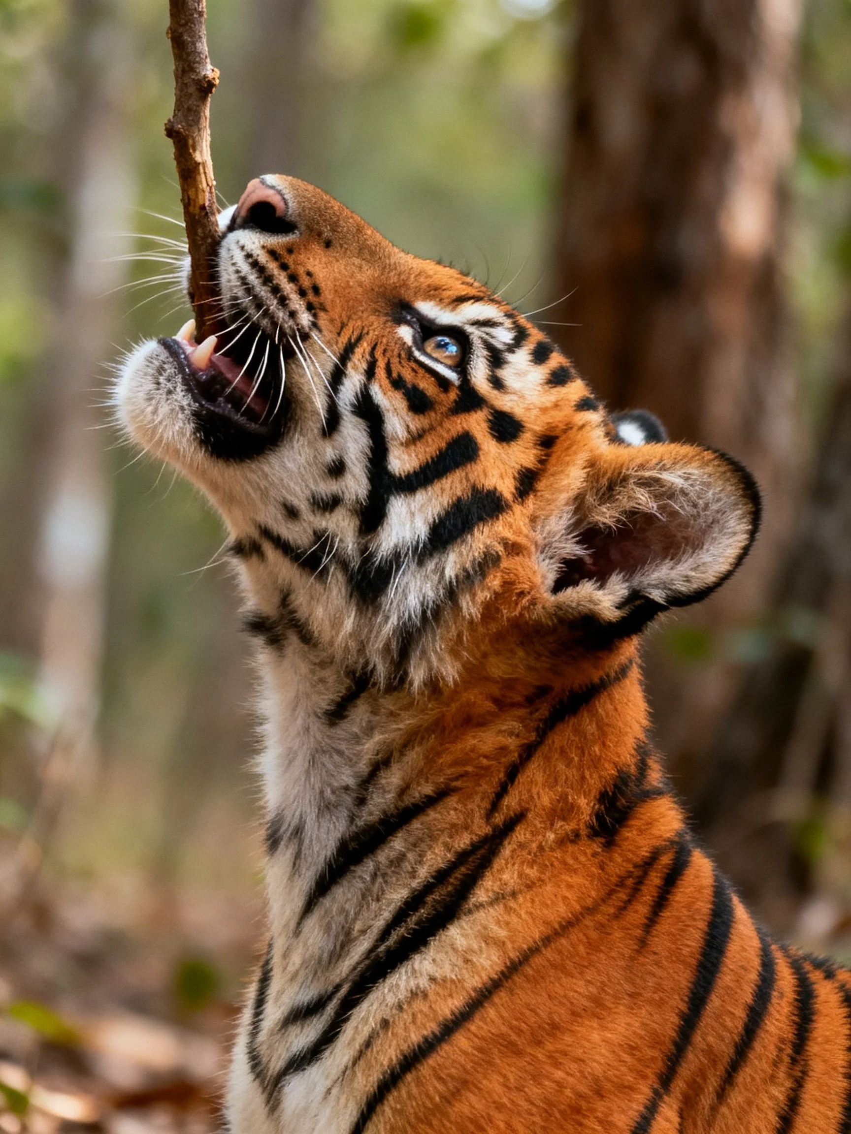 A young tiger cub with vibrant orange fur bites a tree branch