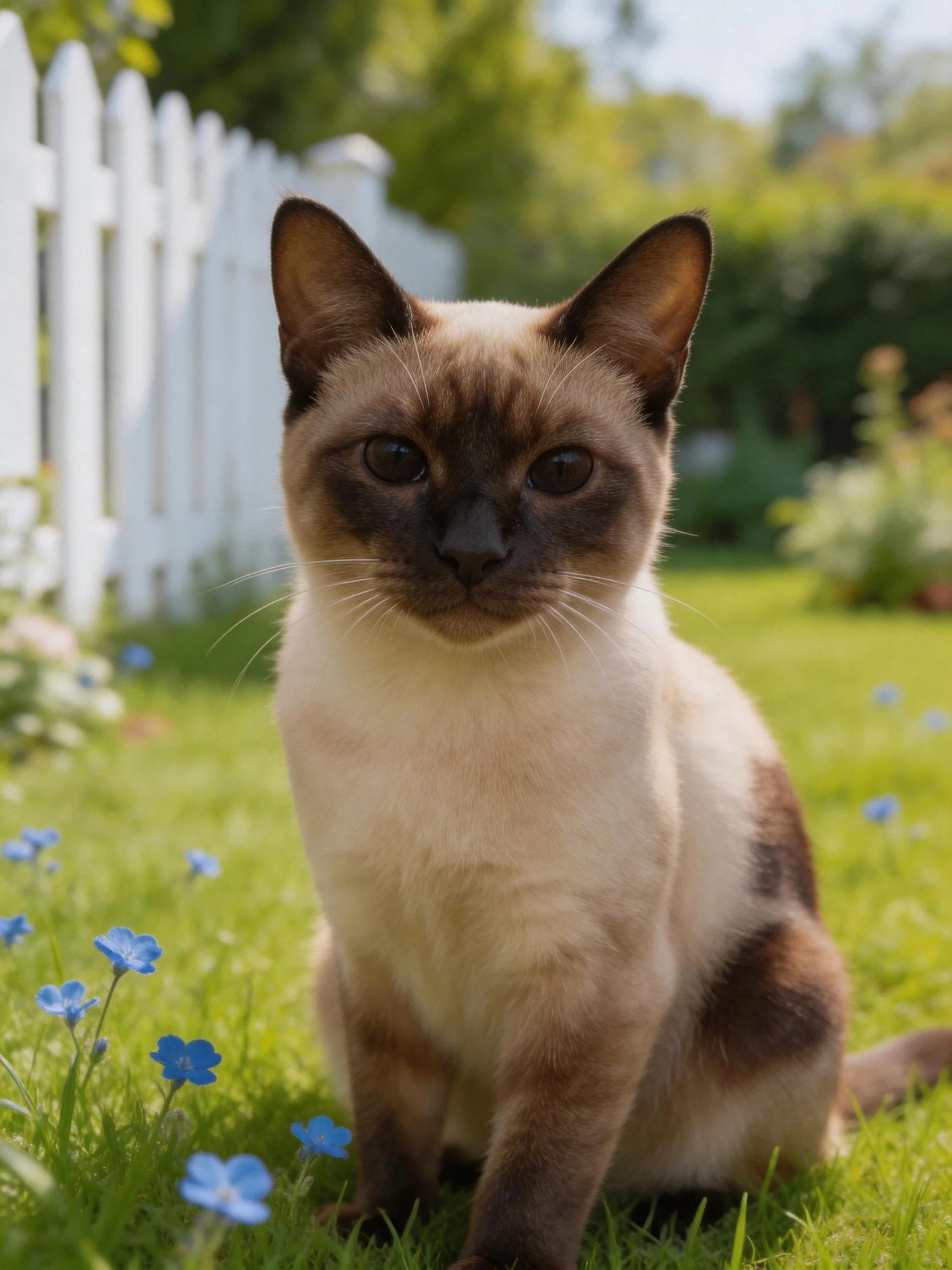 A Siamese cat sits on grass with blue flowers near a white picket fence.