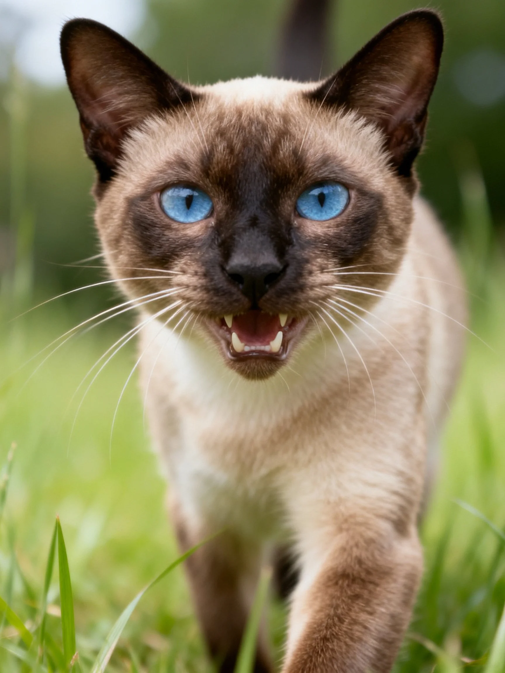 ASiamese cat with striking blue eyes walking through green grass