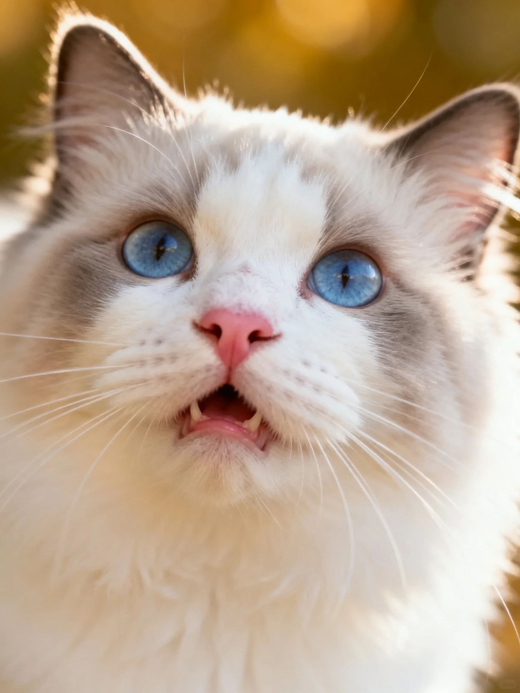 A close-up of a white and gray cat with blue eyes shows curiosity.
