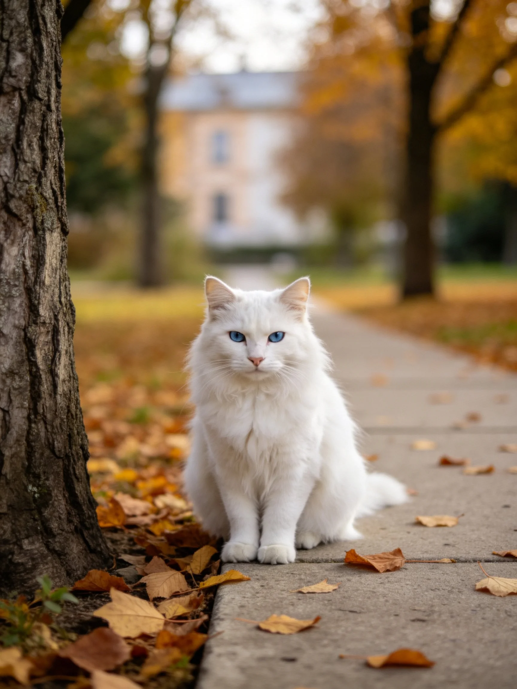 A white cat with blue eyes rests on a leaf - strewn sidewalk next to a tree in an autumnal park.
