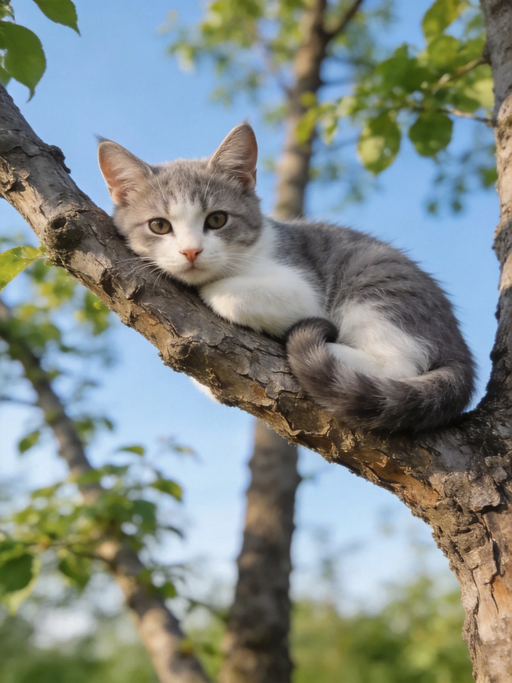 A gray and white kitten relaxes on a tree branch amidst trees and clear blue sky.