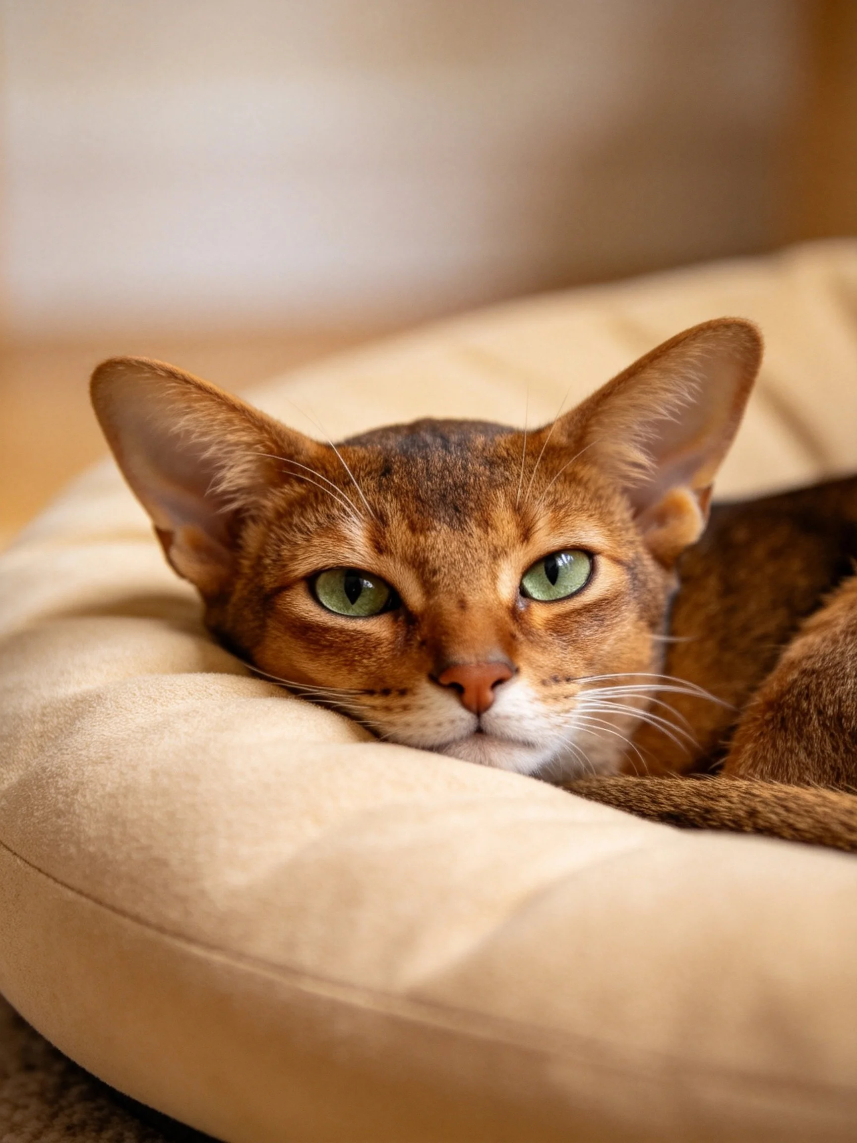 An Abyssinian cat with green eyes rests on a beige cushion.