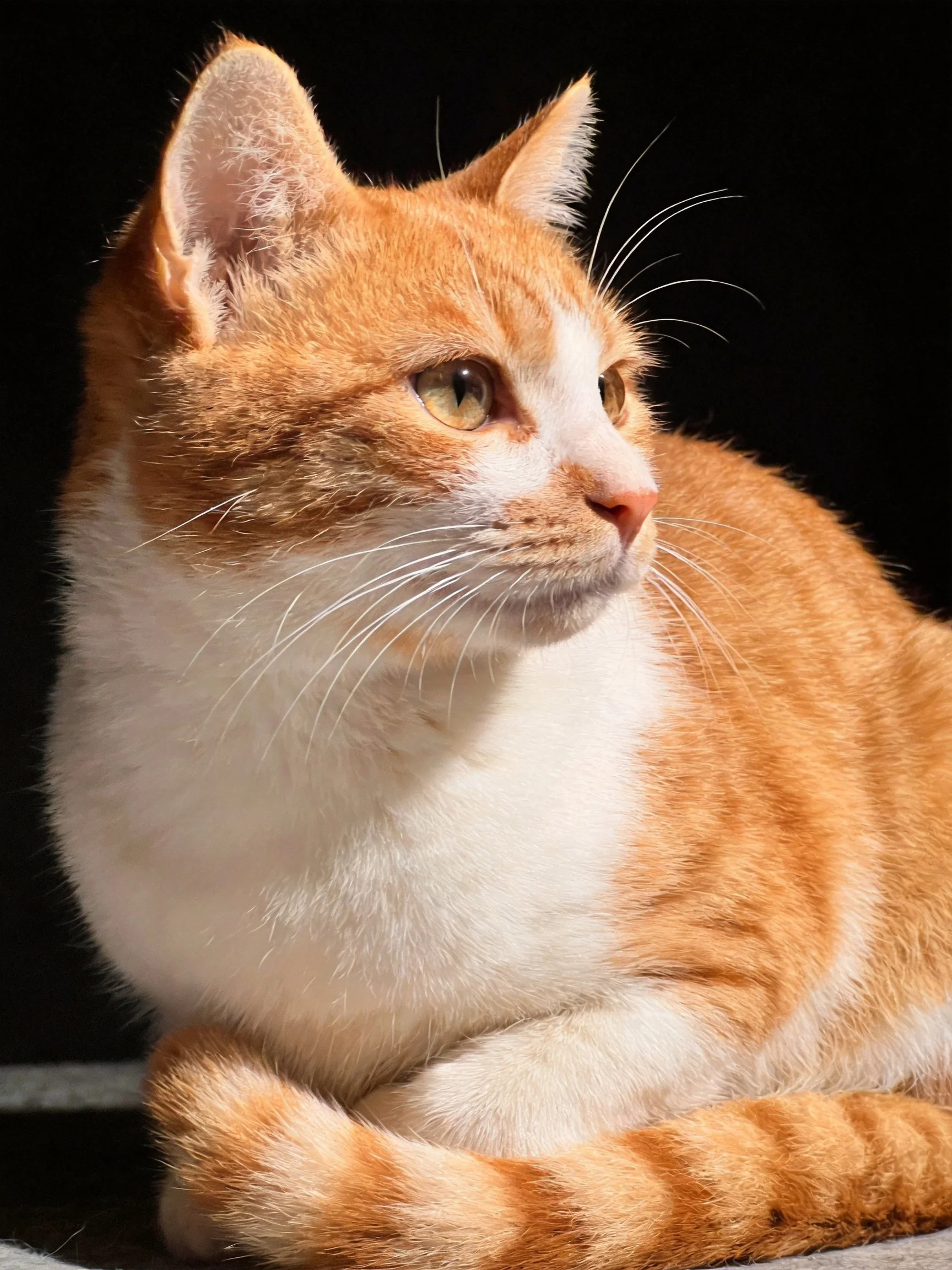 An orange and white cat rests calmly with a black background.