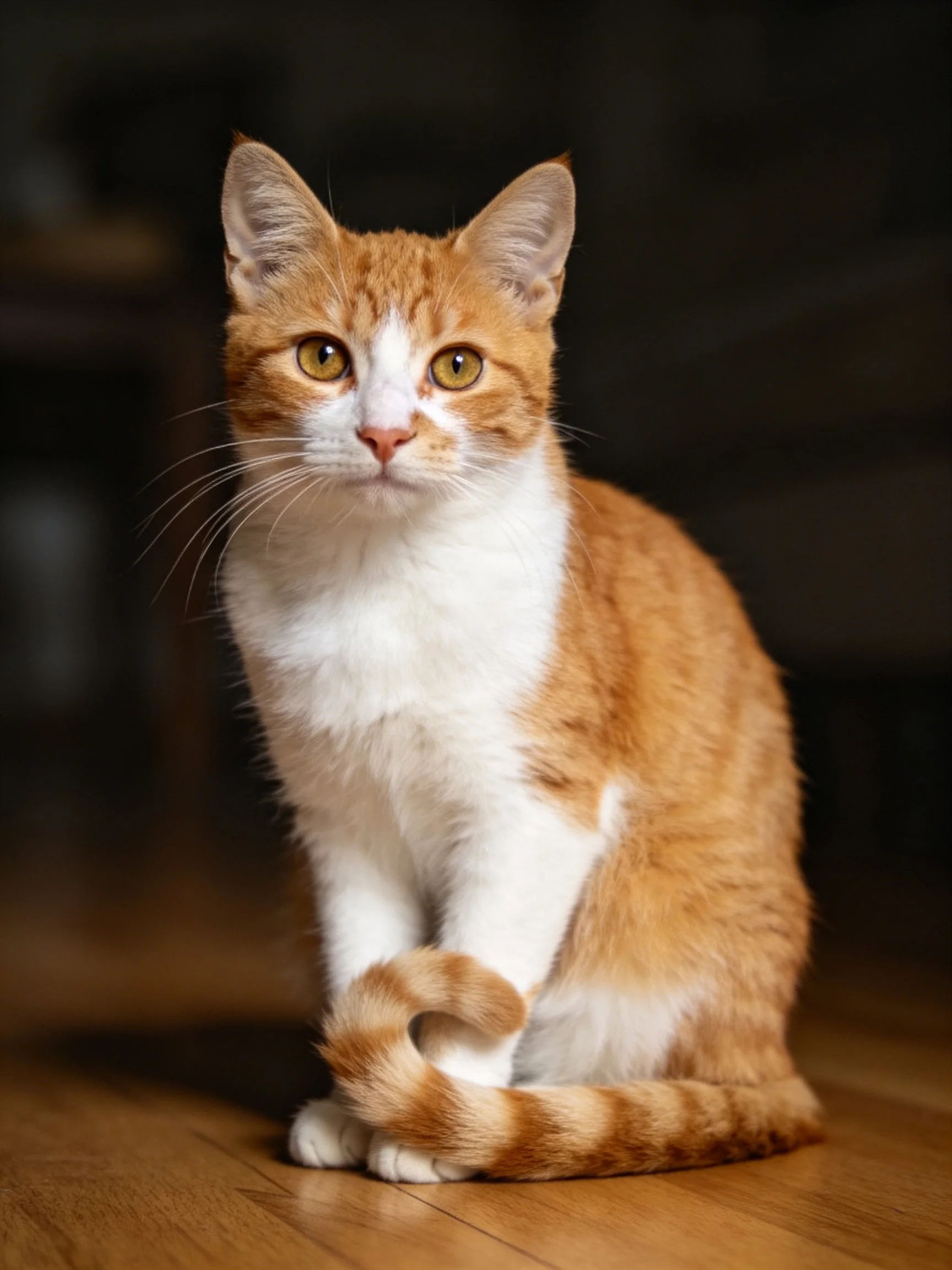 An orange and white cat sits calmly on a wooden surface.