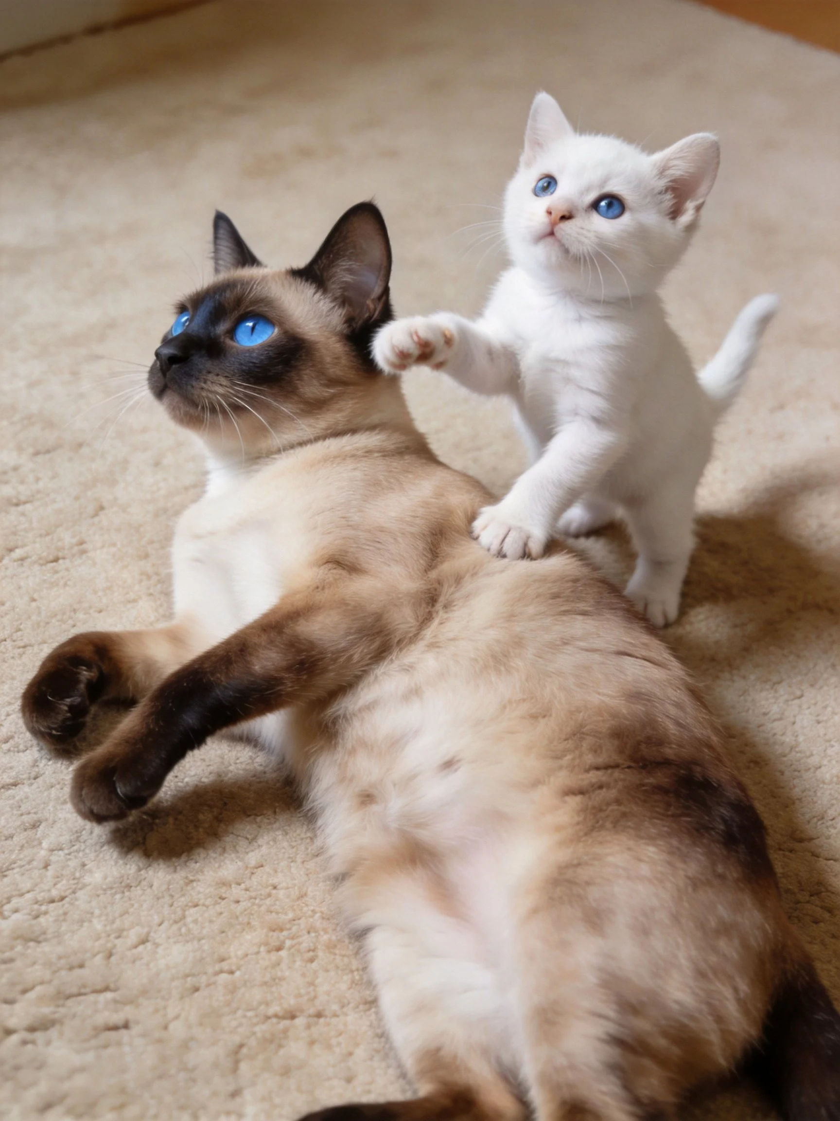 An adult Siamese cat and white kitten interact on a beige carpet