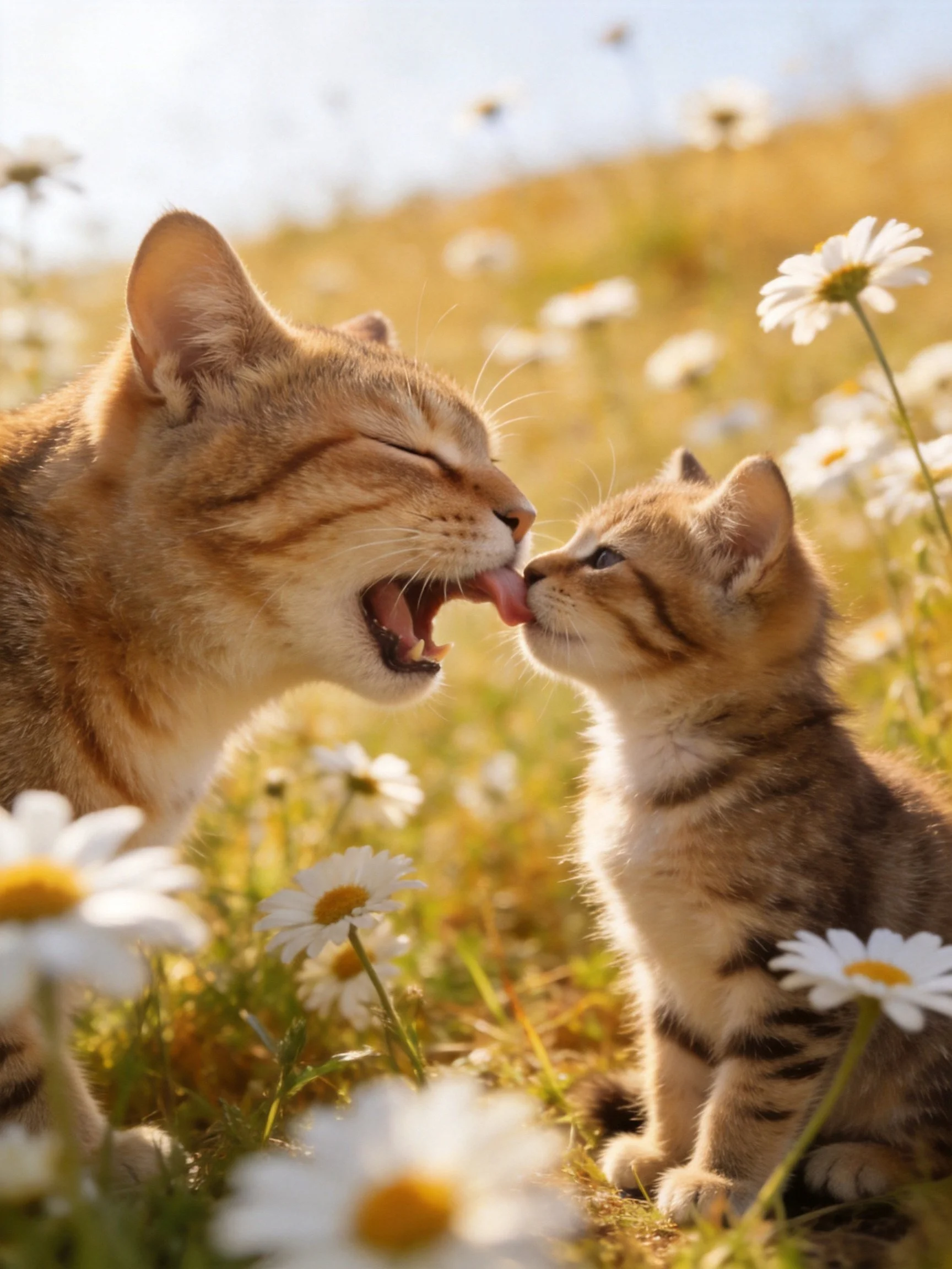 An adult orange tabby grooms a kitten among daisies in a sunny meadow