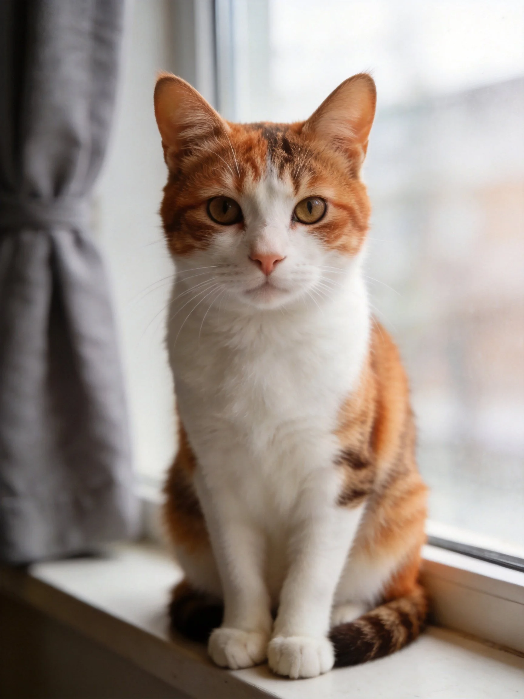An orange and white calico cat sits calmly on a windowsill near a curtain