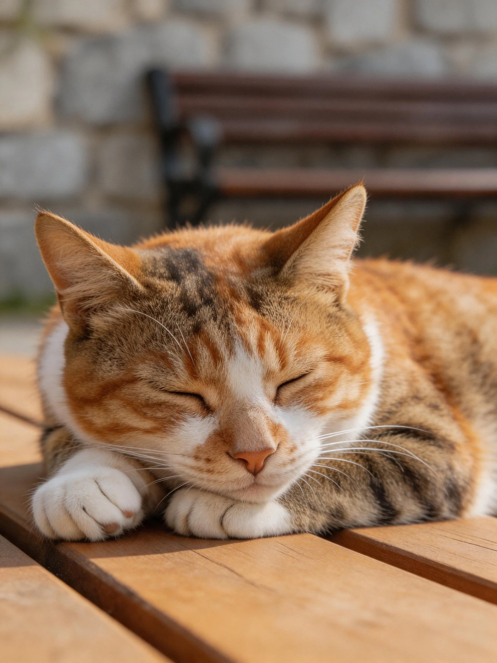 An orange and white calico cat rests peacefully on wooden slats outdoors.