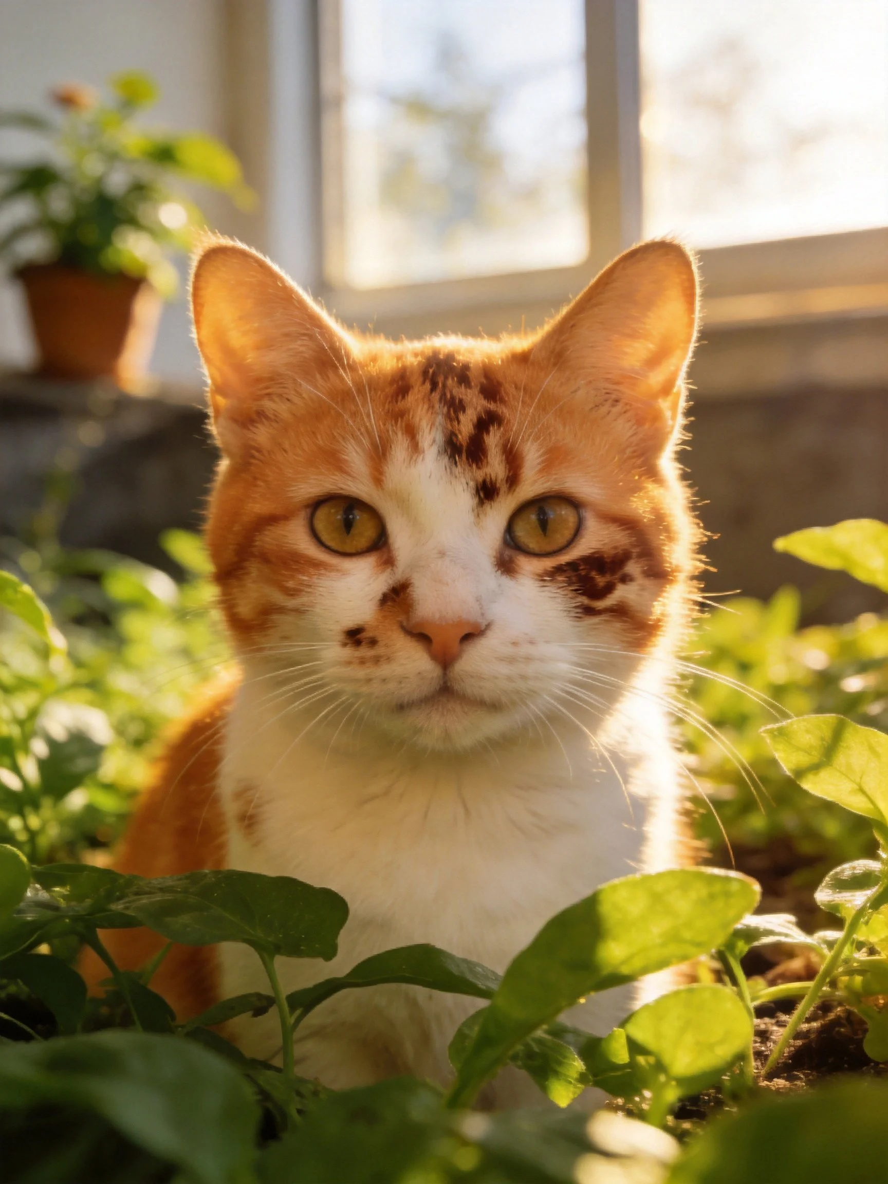 An orange-and-white cat sits among greenery in a sunlit space.