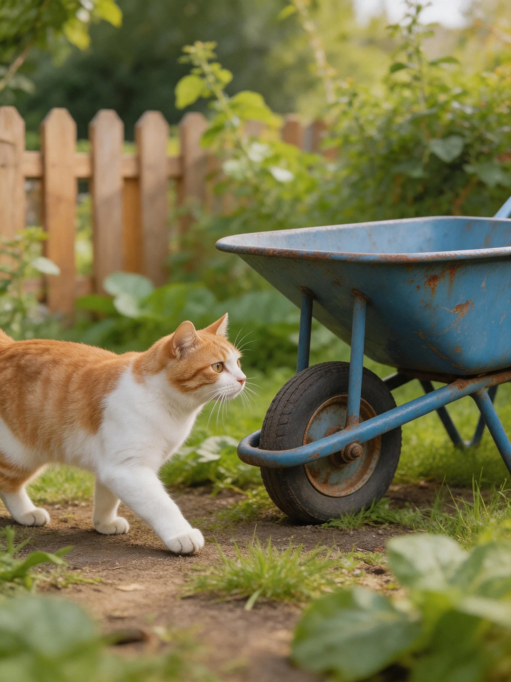 An orange-and-white cat approaches a weathered blue wheelbarrow in a lush garden