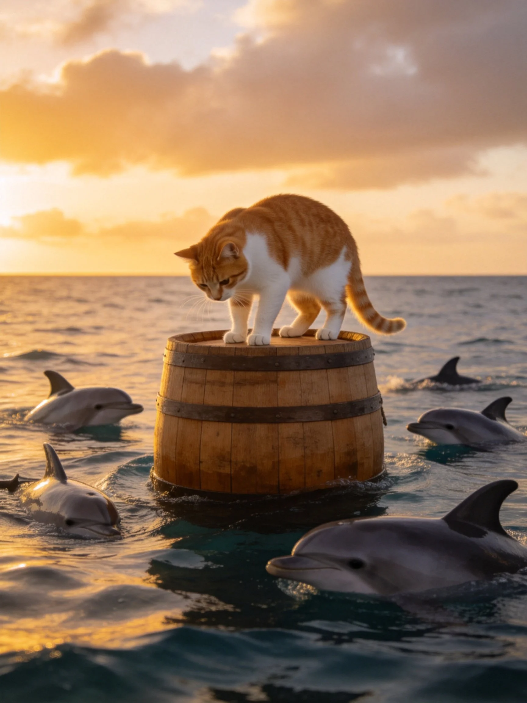 An orange and white cat atop a wooden barrel amid dolphins in the ocean at sunset