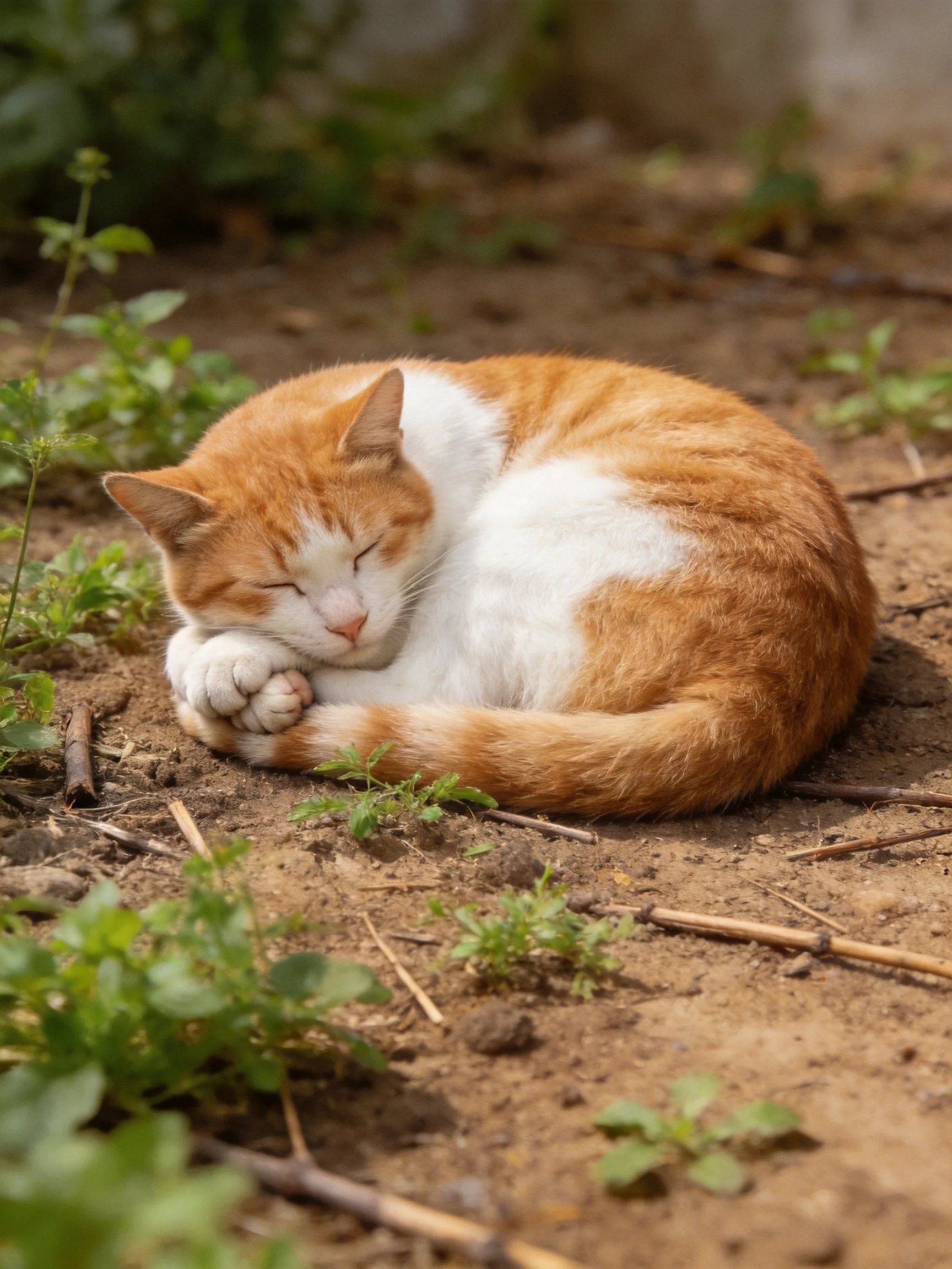 An orange and white cat curled up sleeping on dirt ground